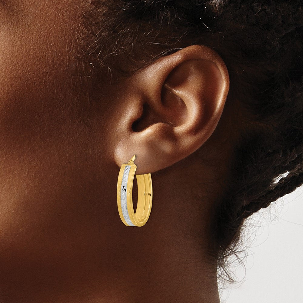 14k White Rhodium Diamond-cut Polished and Satin Hoop Earrings