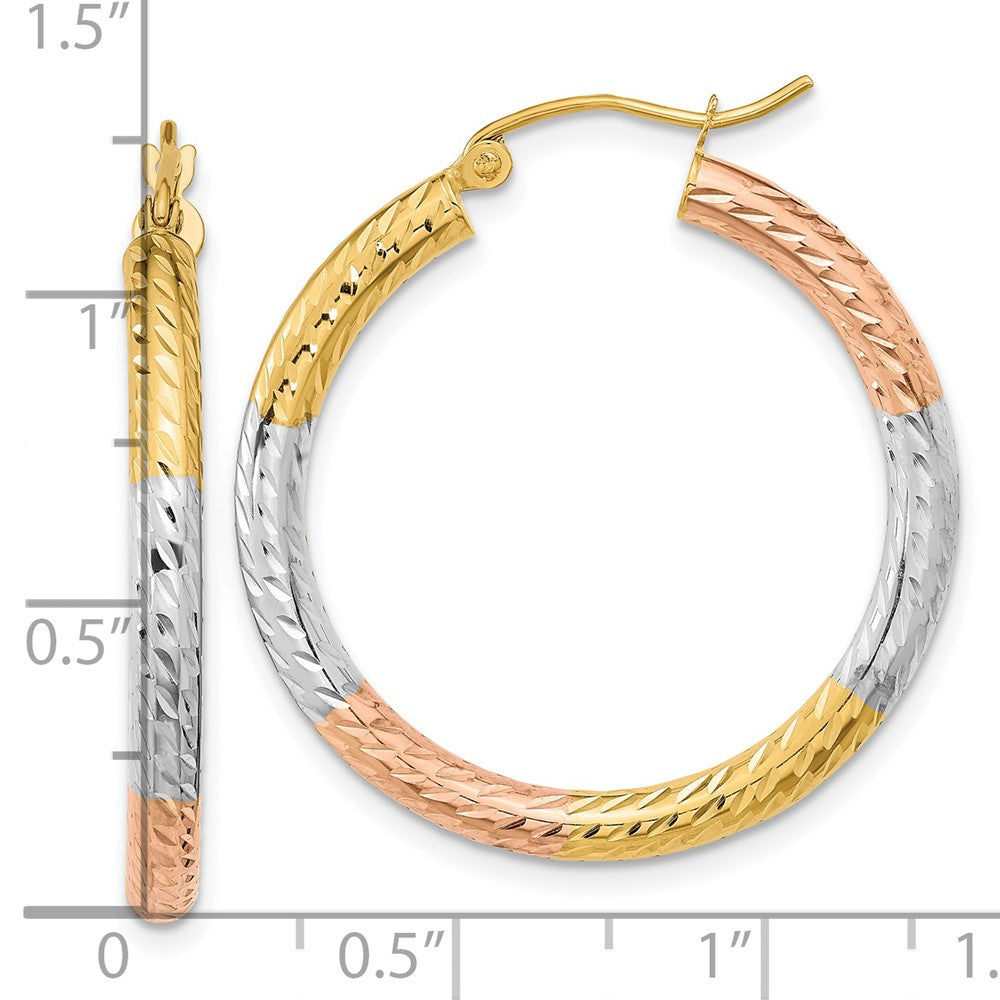 14k w/White and Rose Rhodium Polished Diamond-cut Hoop Earrings