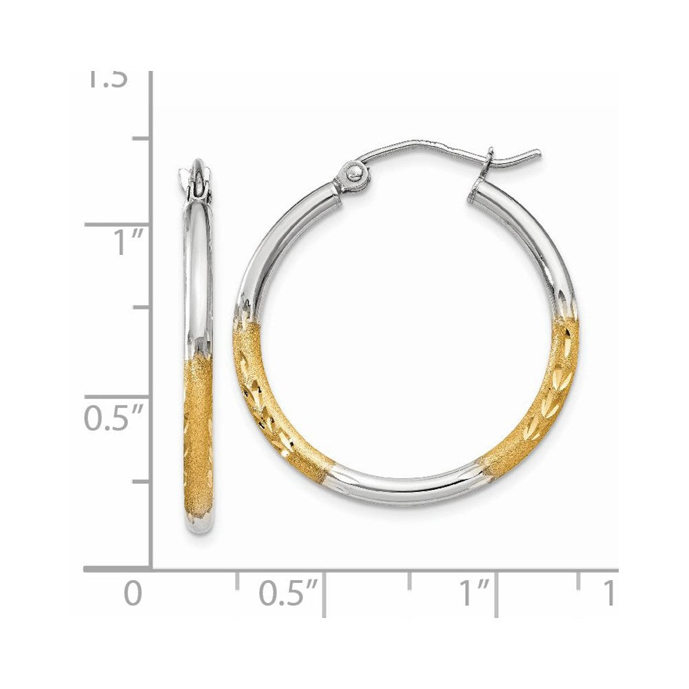 14k w/White Rhodium 2mm Satin and Polished Diamond-cut Hoop Earrings