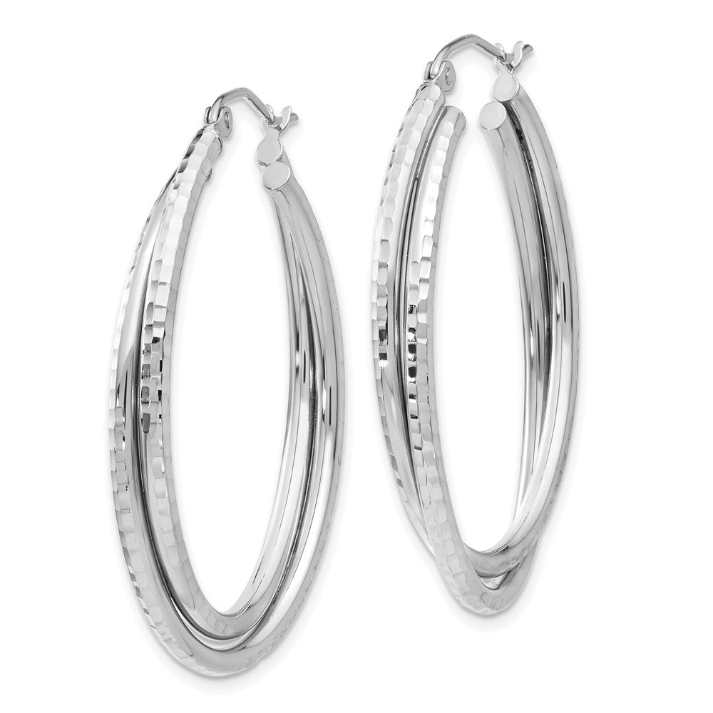 14k White Gold Diamond-cut Polished Oval Hoop Earring