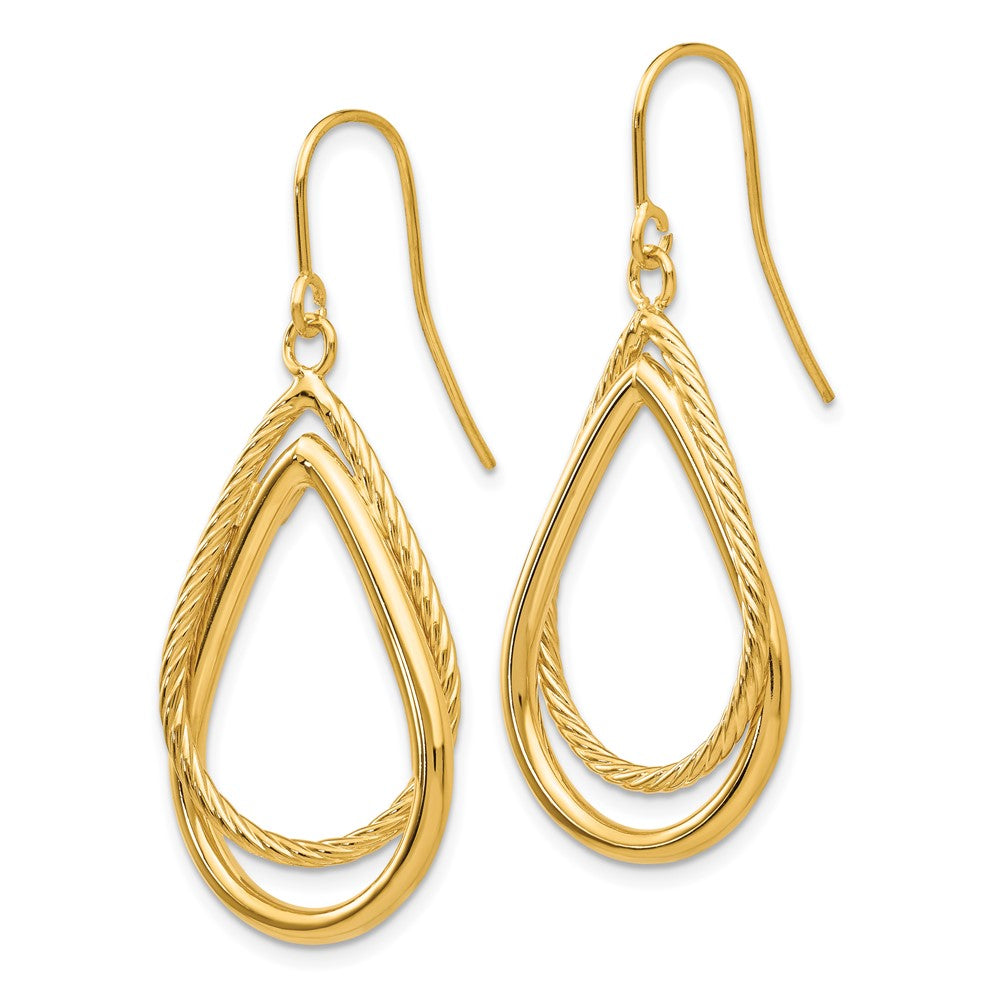 14K Polished and Textured Teardrop Shepherd Hook Earrings