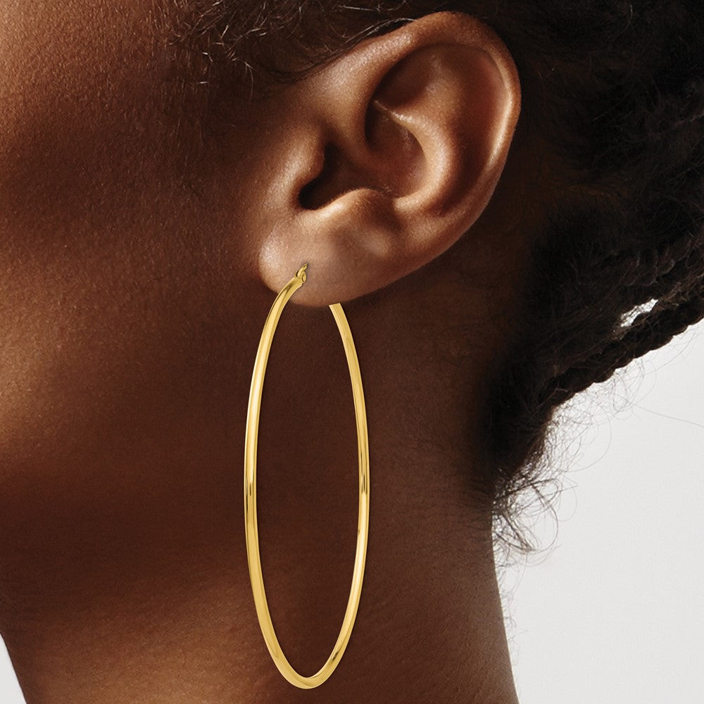 14k Polished 2x70mm Round Tube Hoop Earrings