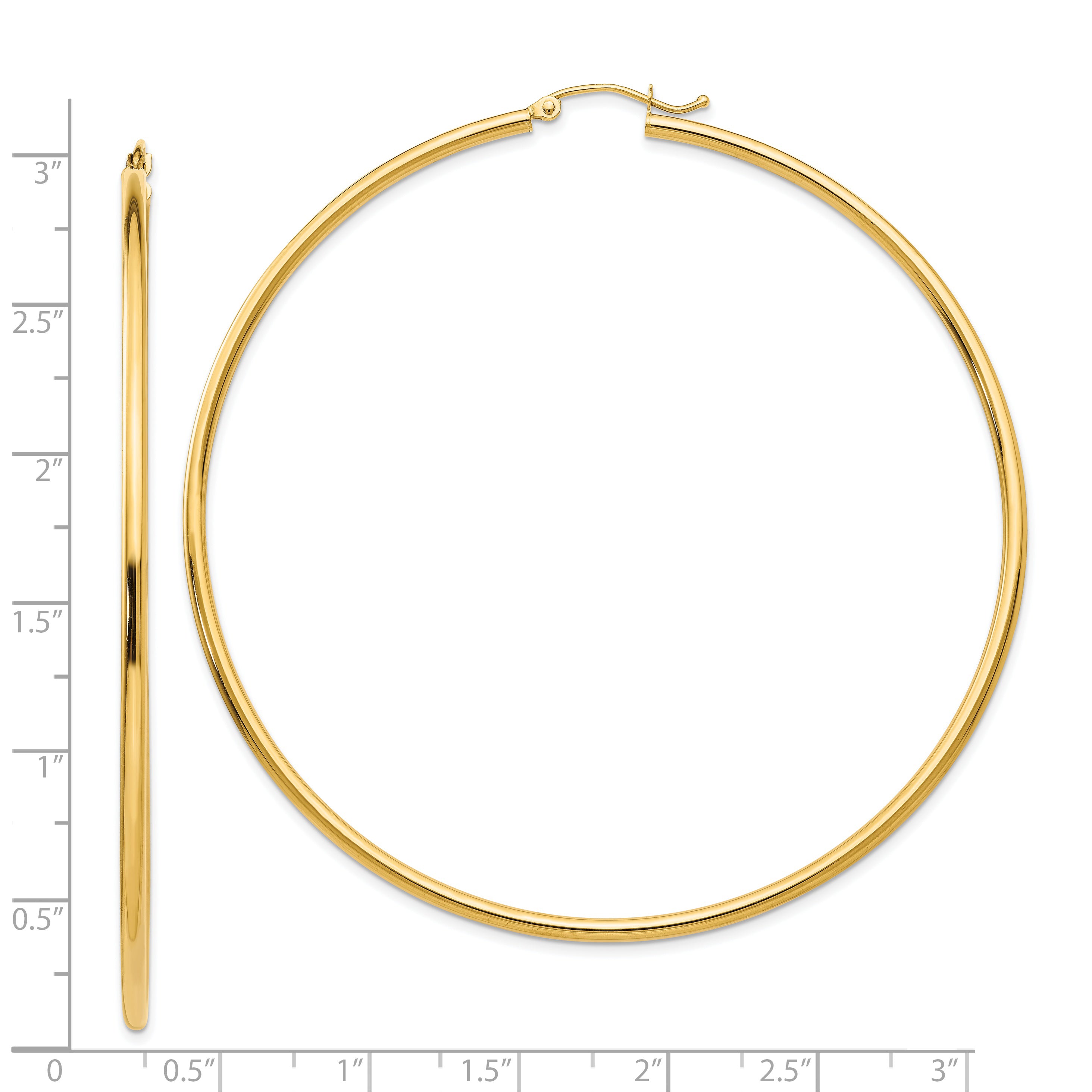 14k Polished 2x70mm Lightweight Round Tube Hoop Earrings
