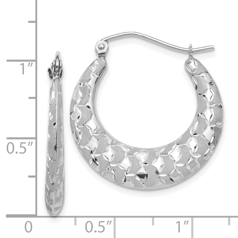 14k White Gold Satin and Diamond-cut Hoop Earrings