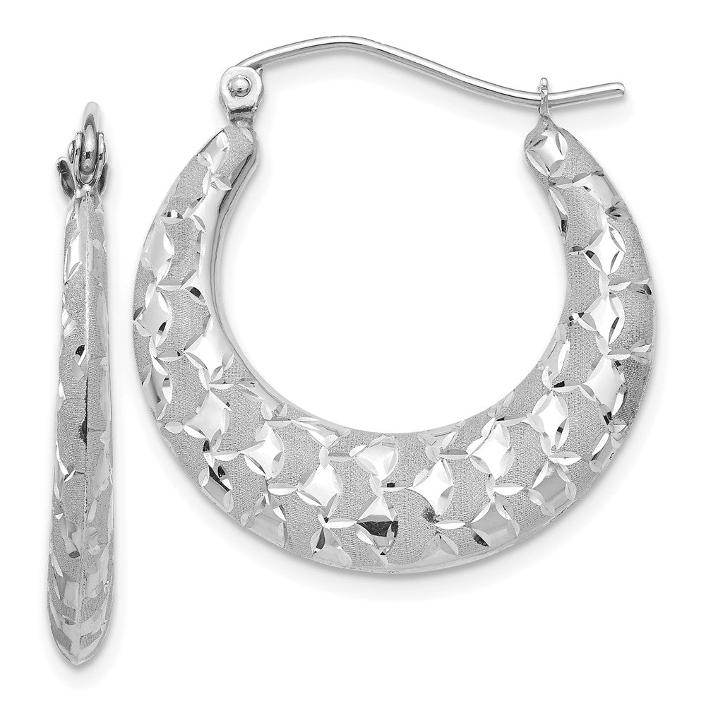14k White Gold Satin and Diamond-cut Hoop Earrings