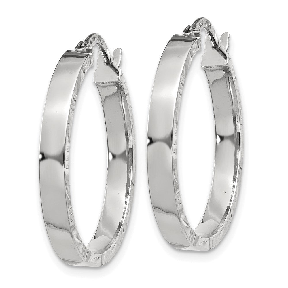 14K White Gold Diamond Cut Edge Medium 3mm Polished Hoop Earrings