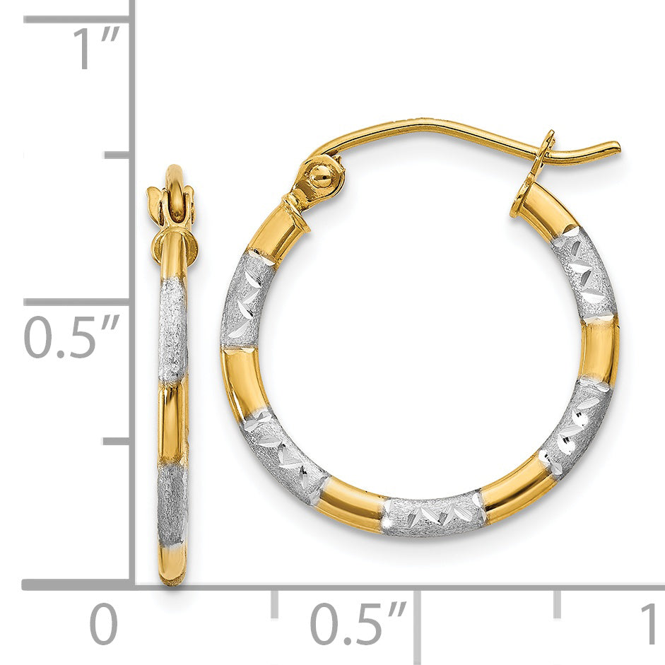 14K w/White Rhodium Diamond Cut Hoop Earrings