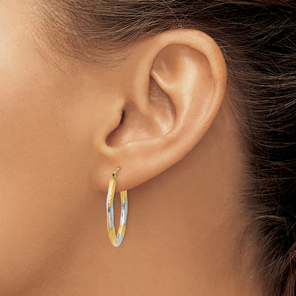 14K & Rhodium Textured Hollow Oval Hoop Earrings
