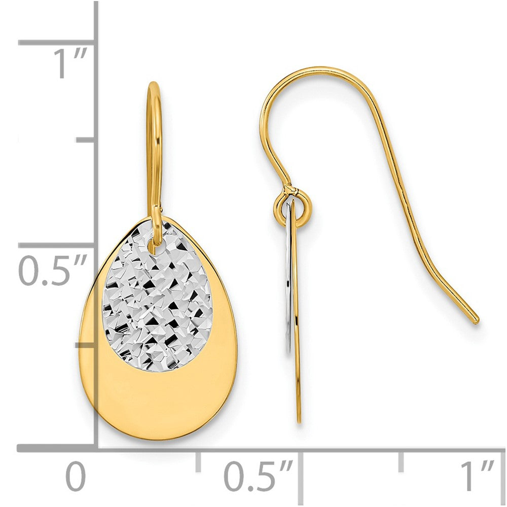 14k Two-tone Polished/Textured Teardrop Dangle Earrings