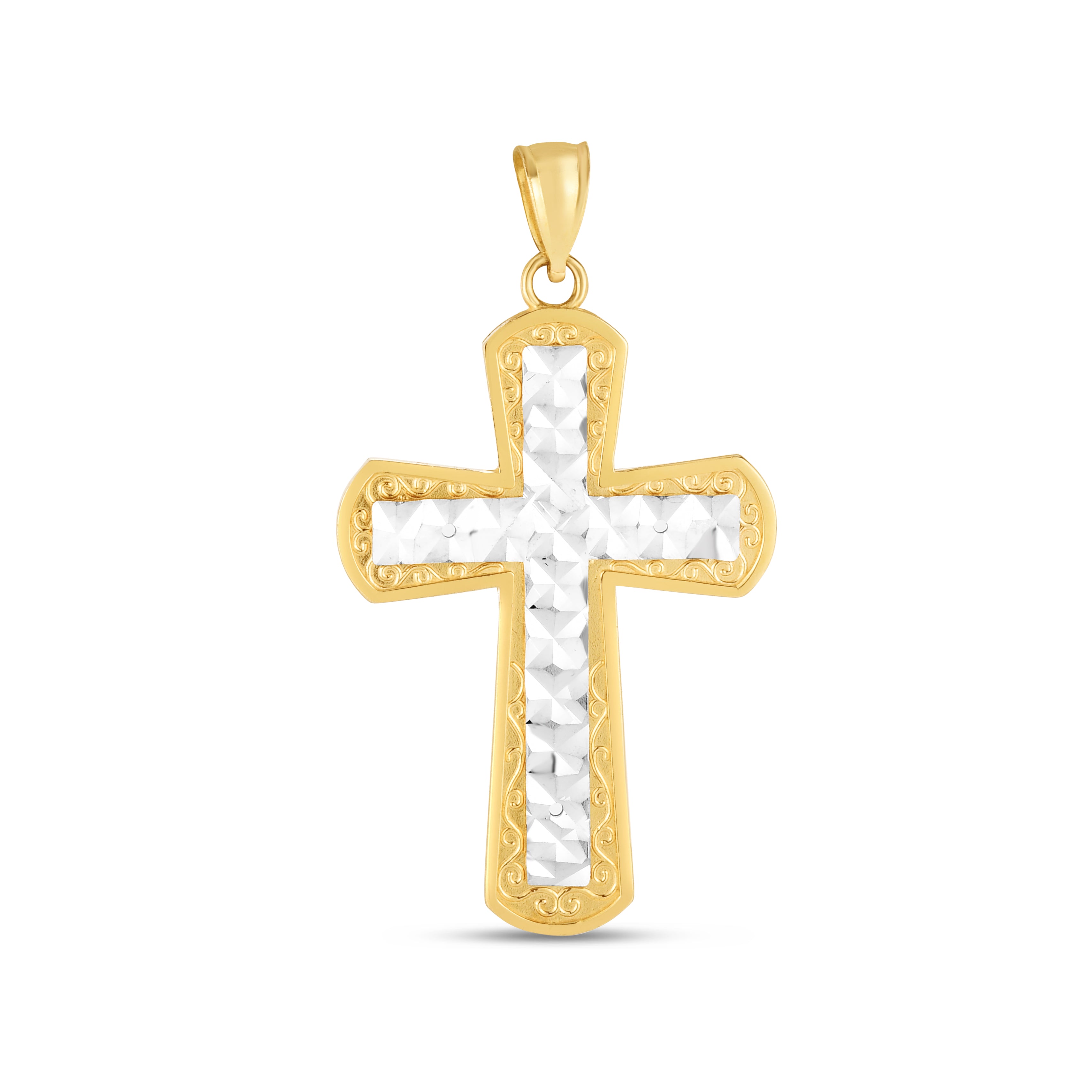 14K Two-Tone Diamond Cut Cross Pendant. Sold Indiividually. Pair It With Any Of Our Basic Chains.