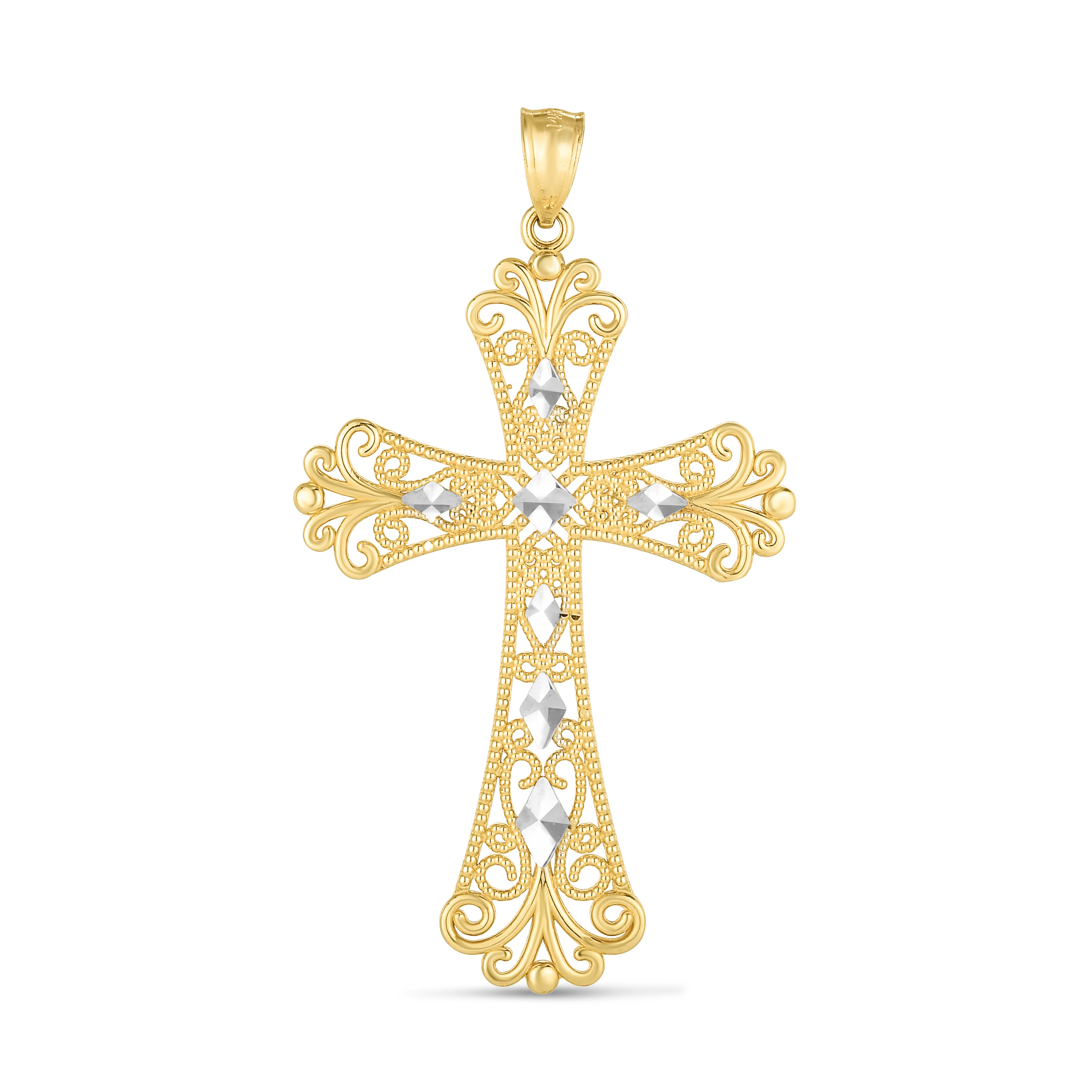14K Two-Tone Diamond Cut Cross Pendant. Sold Indiividually. Pair it with any of our basic chains.
