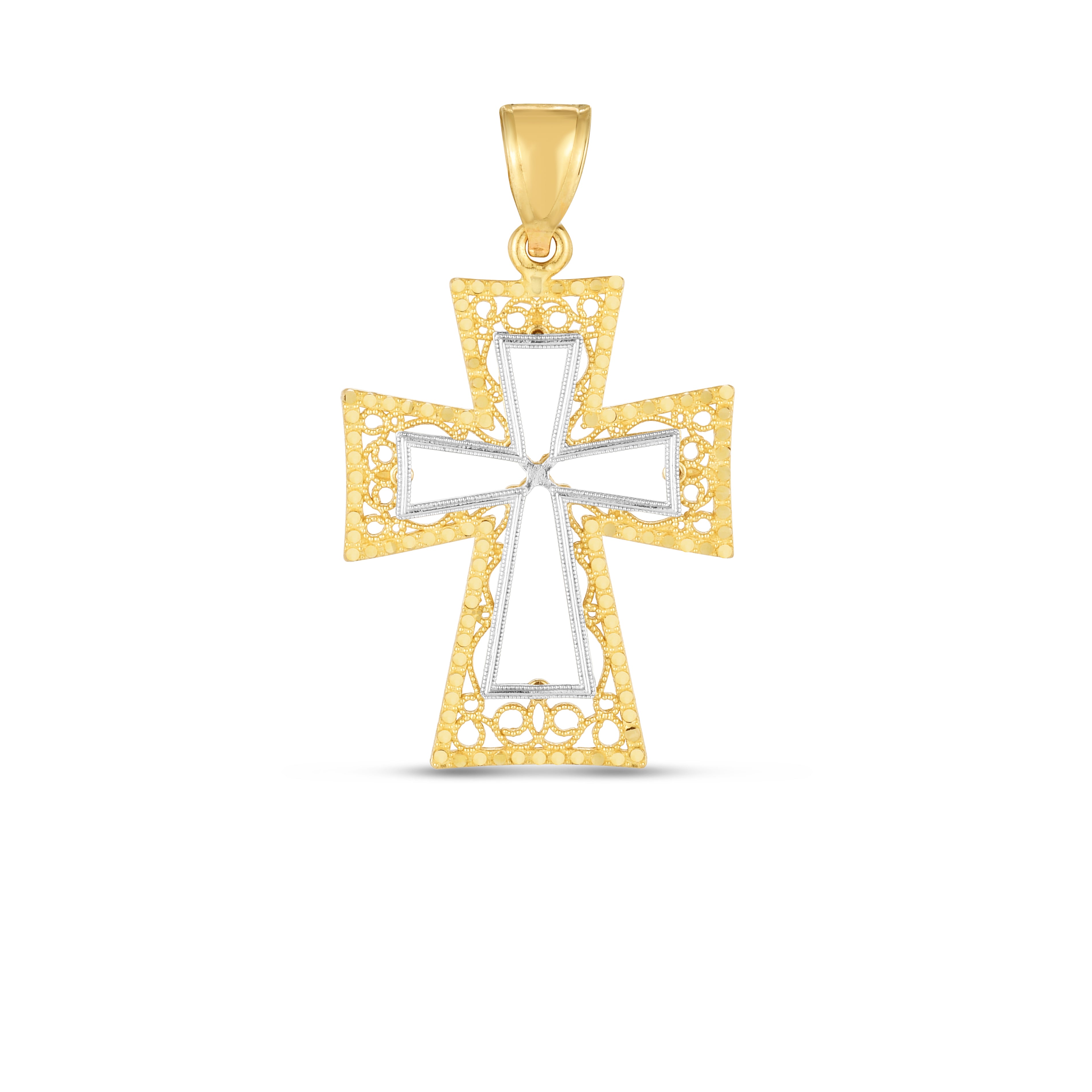 14K Two-Tone Diamond Cut Cross Pendant. Sold Indiividually. Pair It With Any Of Our Basic Chains.