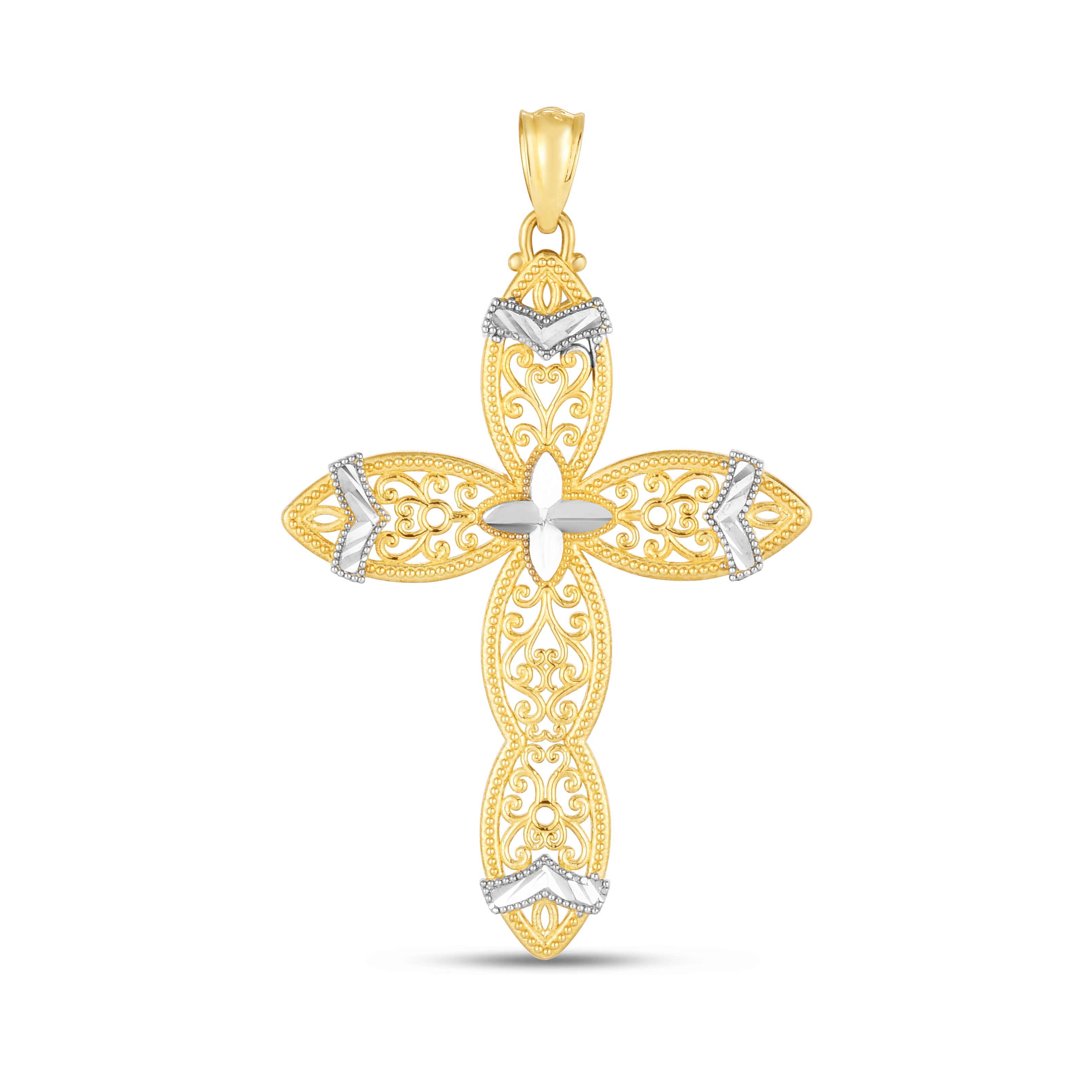 14K Two-Tone Diamond Cut Cross Pendant. Sold Indiividually. Pair It With Any Of Our Basic Chains.
