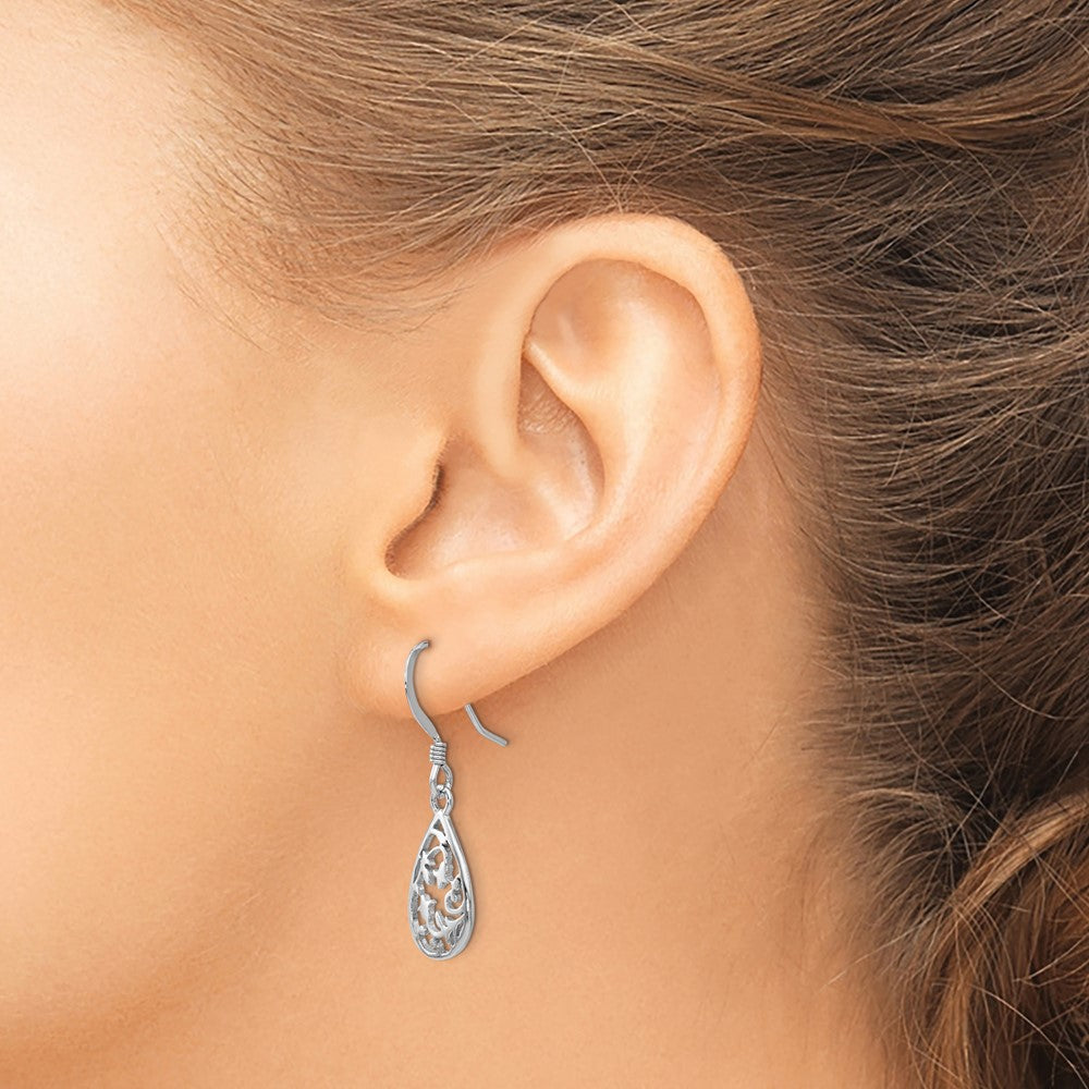Sterling Silver Rhod-pltd Polished Shepherd Hook Dangle Earrings