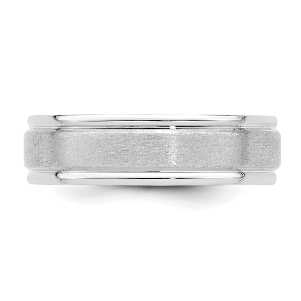 14k White Gold 6mm Standard Weight Comfort Fit Brushed Satin/Polished Grooved Edge Wedding Band Size 7