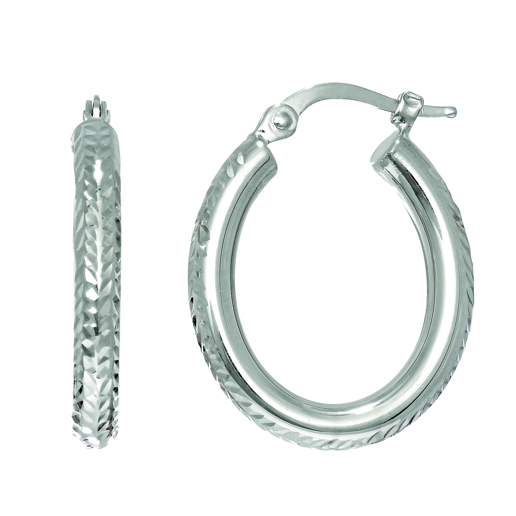 14K White Gold Oval Diamond Cut Hoop Earring