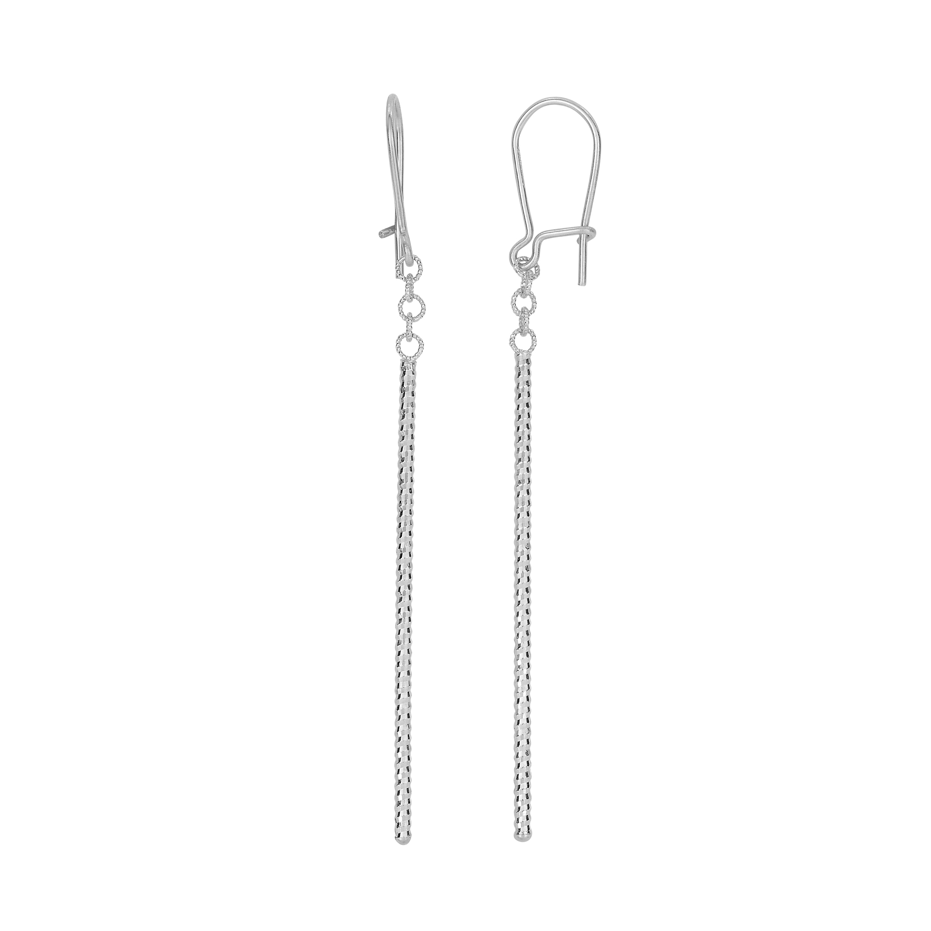 14K White Gold Diamond Cut Bar Linear Drop Earring