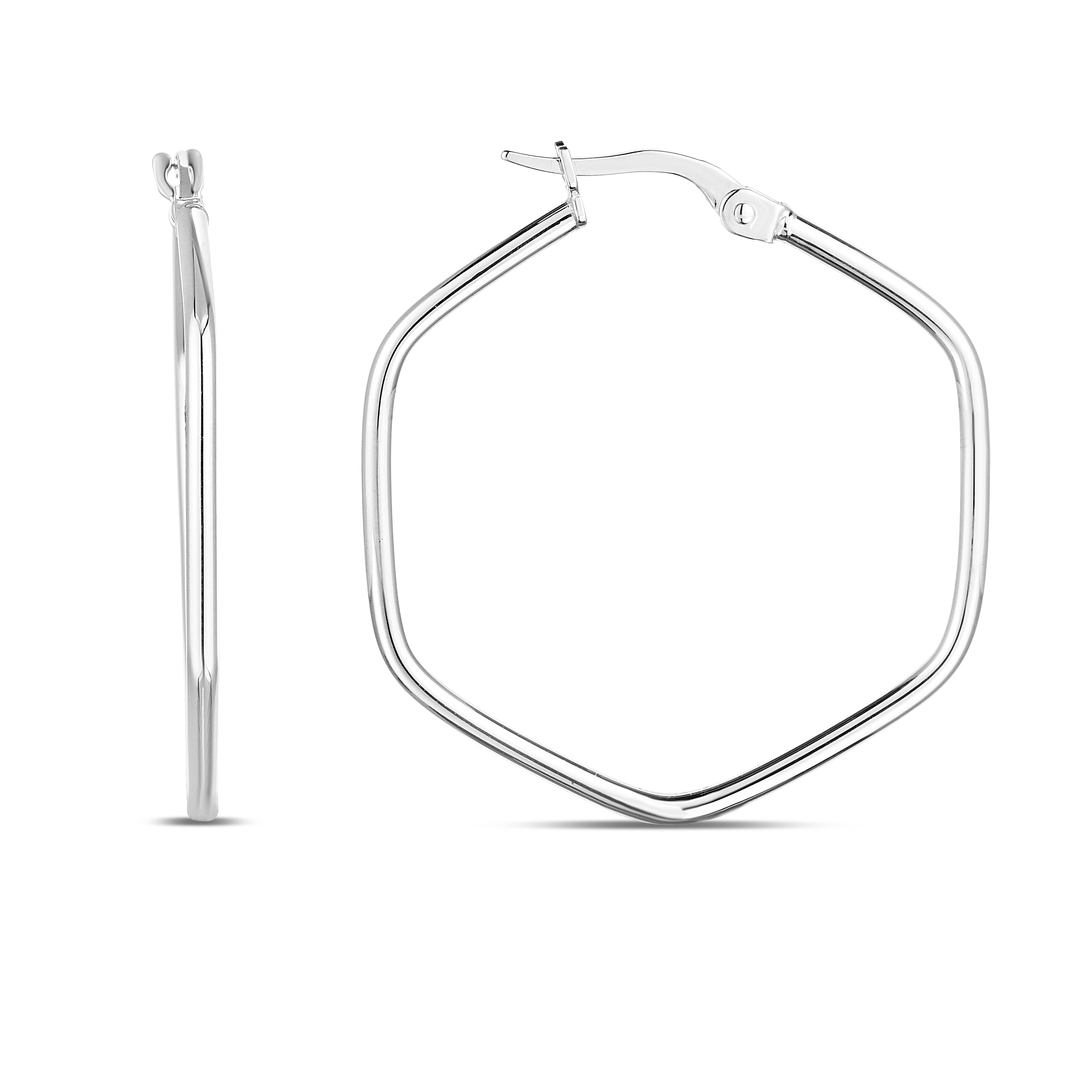 14K White Gold Polished Rounded Edges Hexagon Hoop With Hinged Clasp