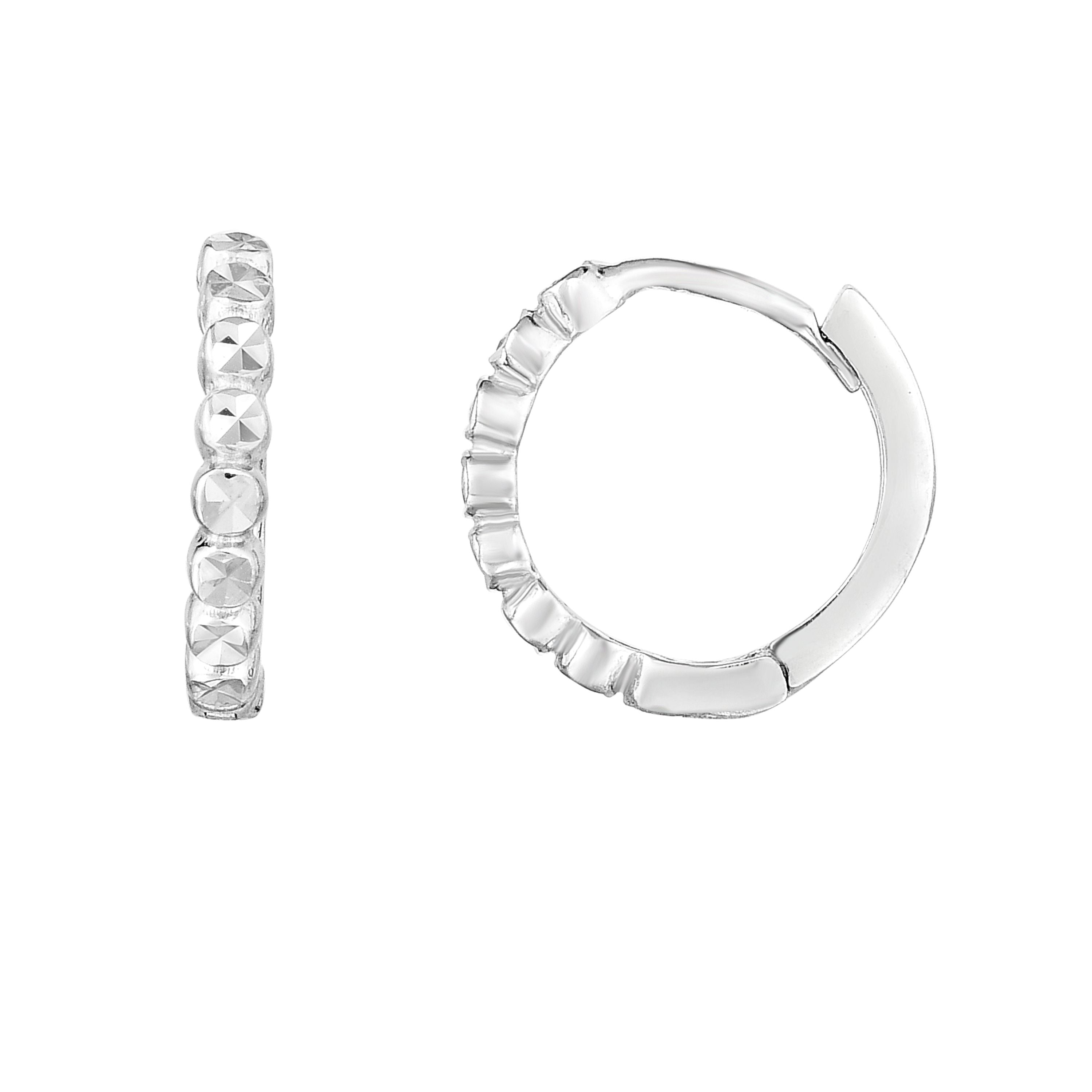 14K White Gold Round Diamond Cut Huggie Earring
