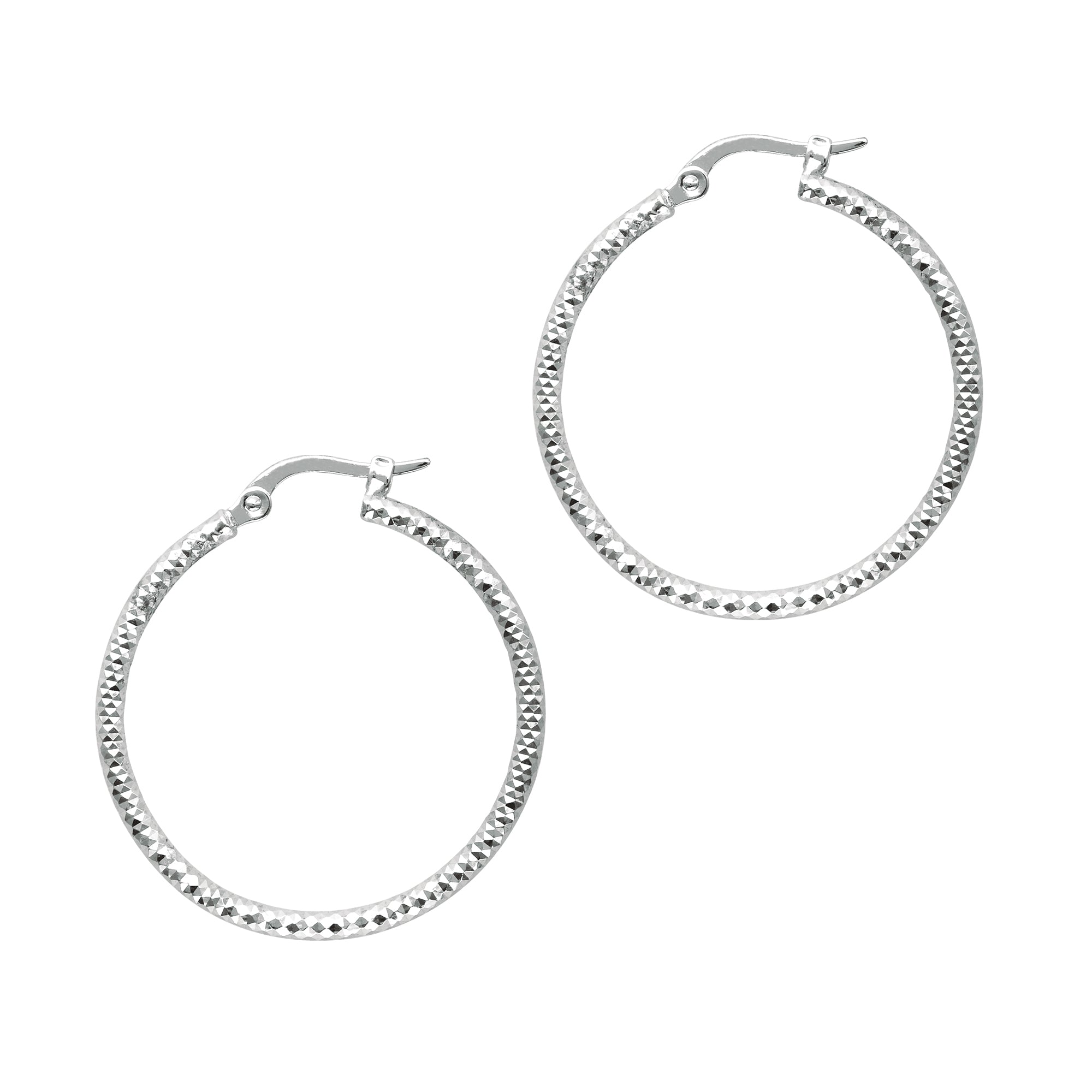 14K White Gold 1.5X25Mm Round Diamond Cut Hoop Earring