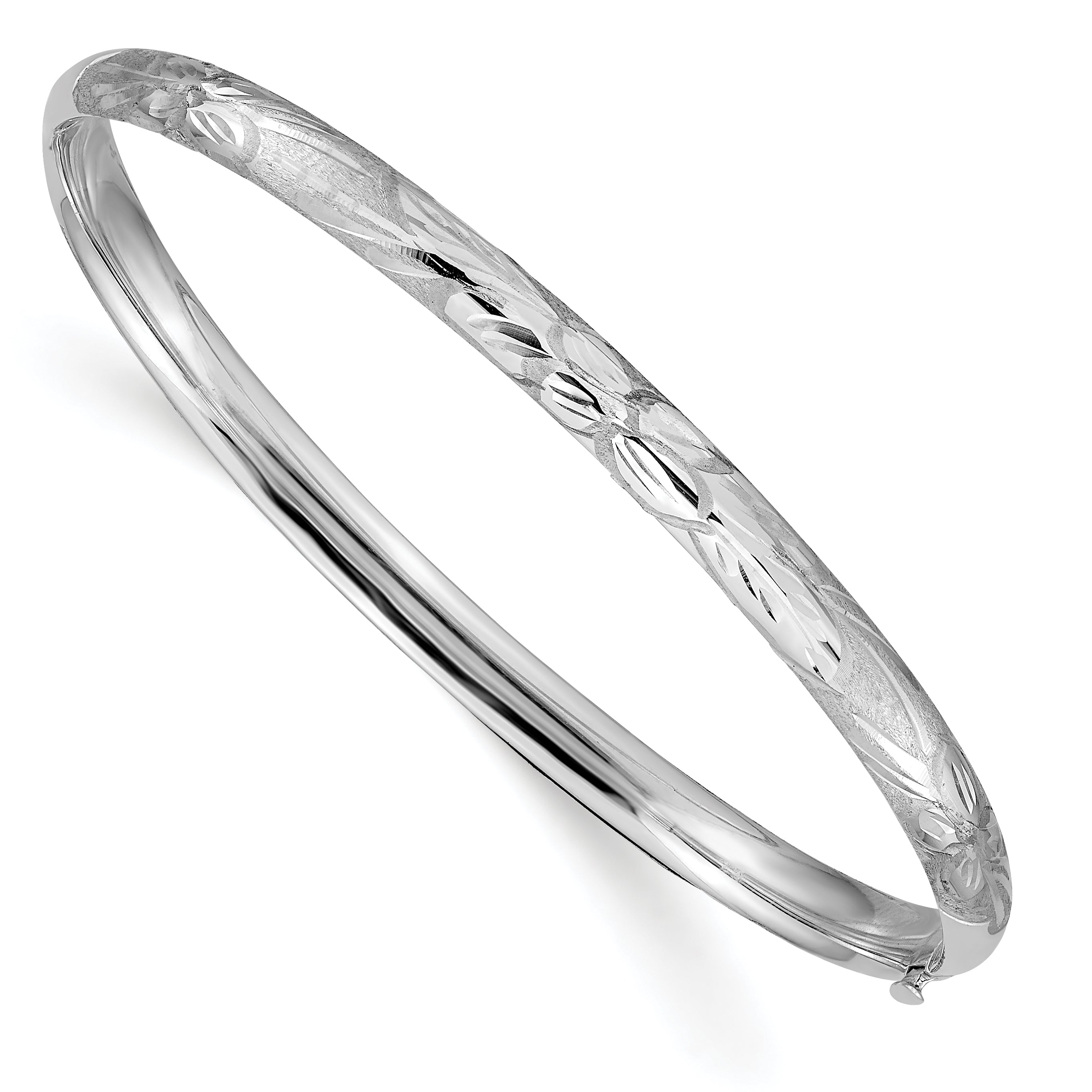 14k 3/16 White Gold Florentine Engraved 5.00mm Hinged Round Bangle Bracelet