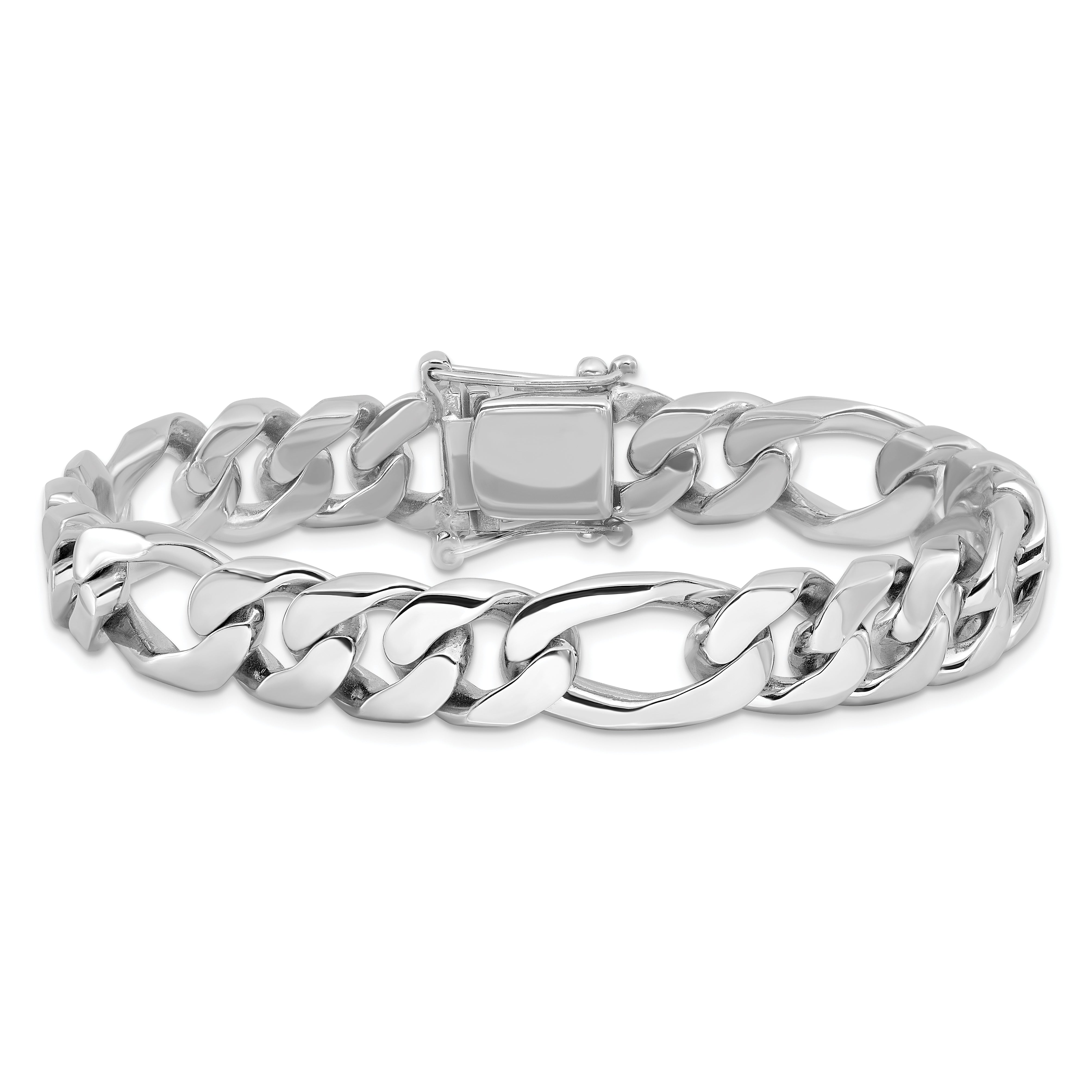 14K White Gold 8 Inch 10Mm Hand Polished Figaro Link With Box Catch Clasp Bracelet