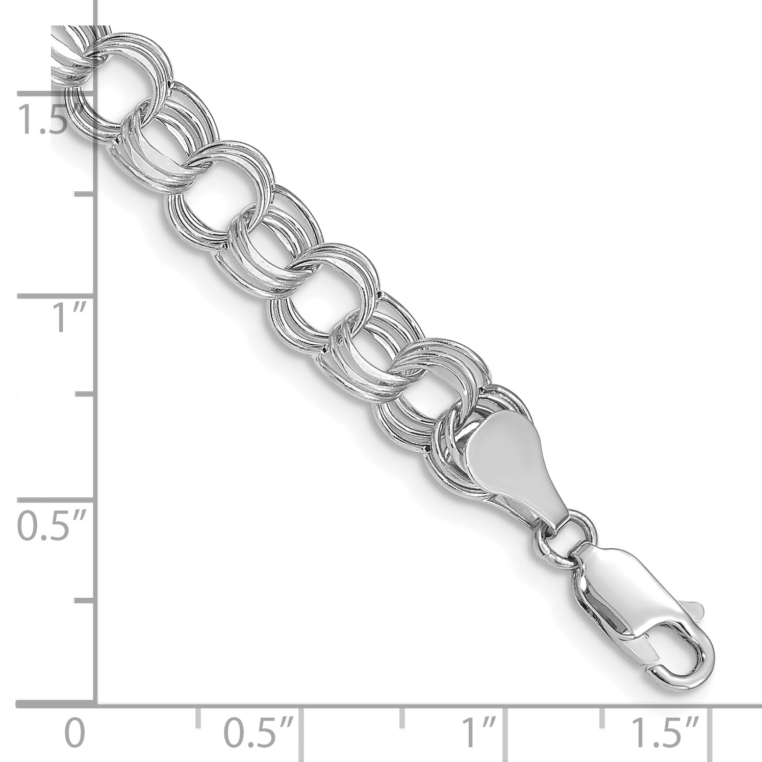 14k White Gold 7.5mm Hollow Triple Link 7.25 inch Charm Bracelet