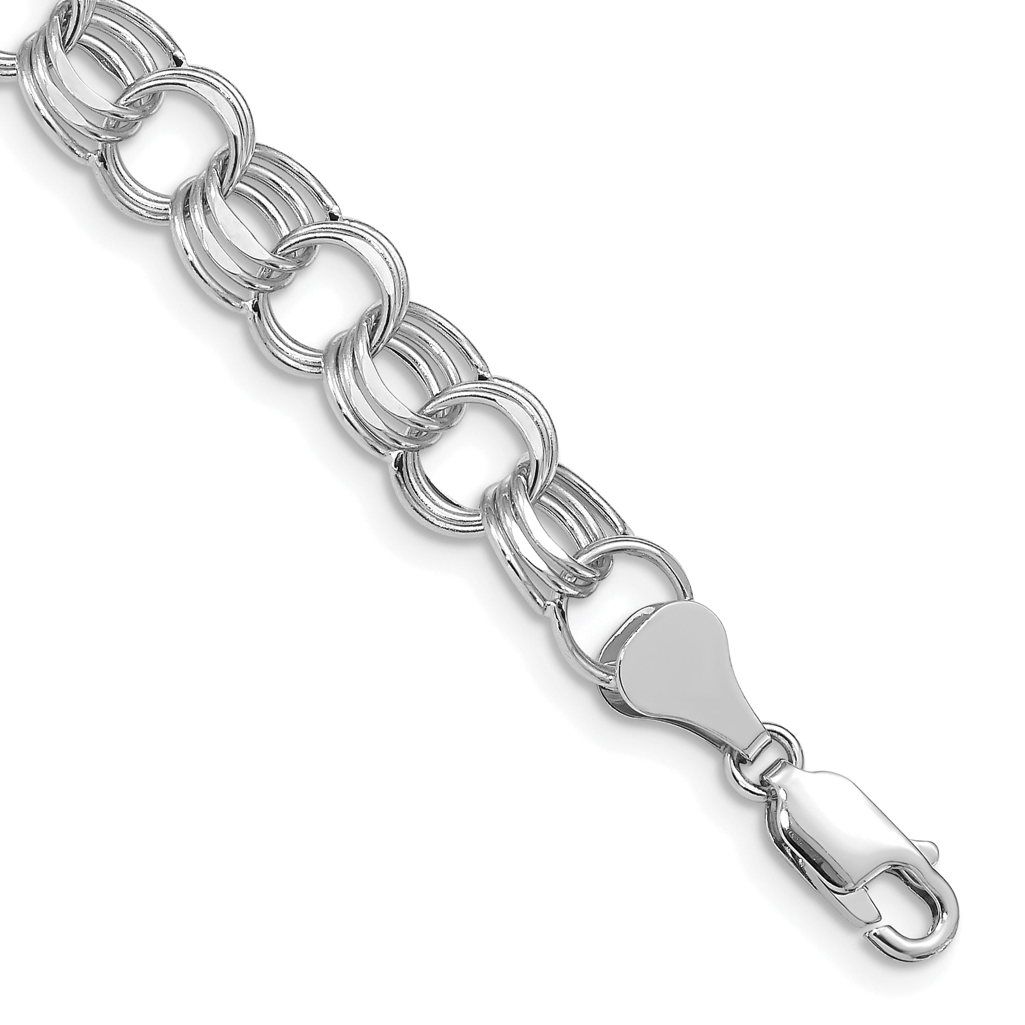 14k White Gold 8.5mm Hollow Triple Link 7.25 inch Charm Bracelet