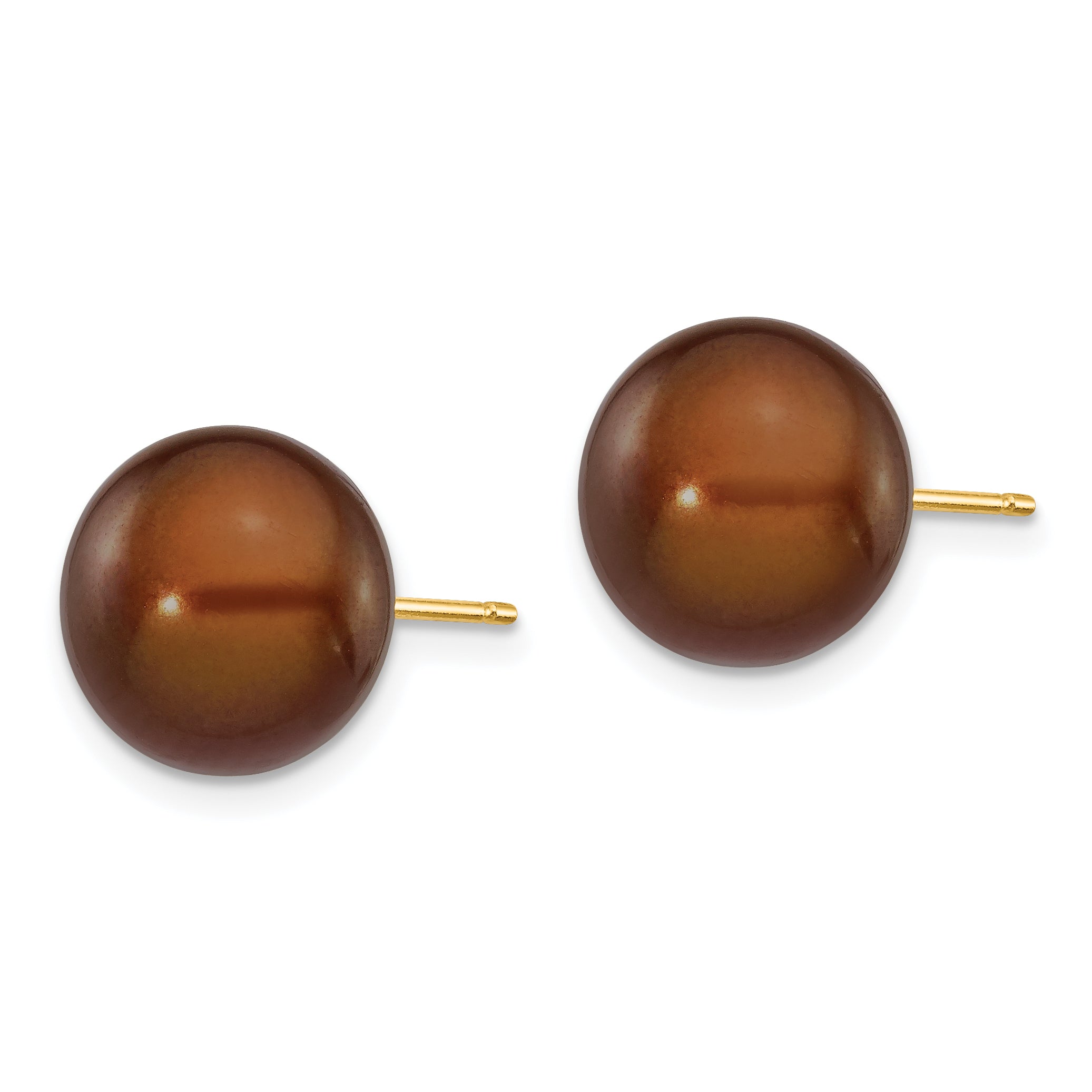 14k 10-11mm Brown Button Freshwater Cultured Pearl Stud Post Earrings