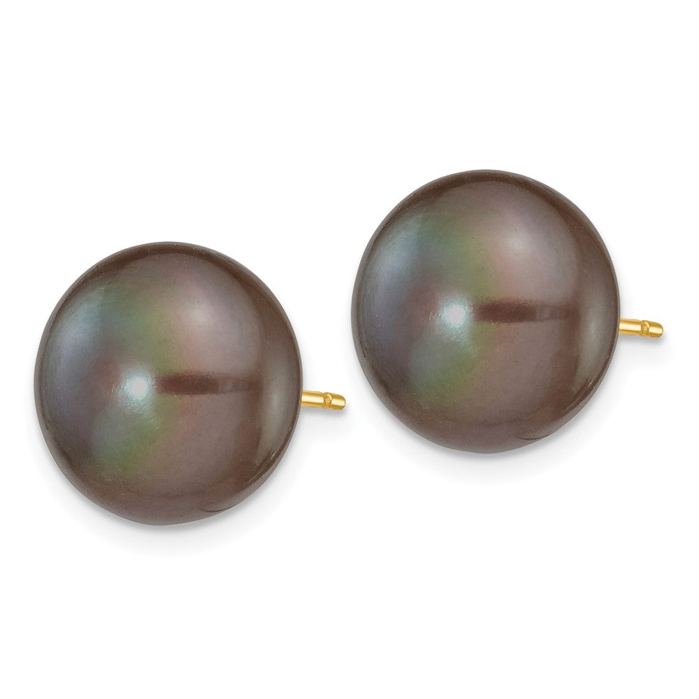 14k 11-12mm Black Button FW Cultured Pearl Stud Post Earrings