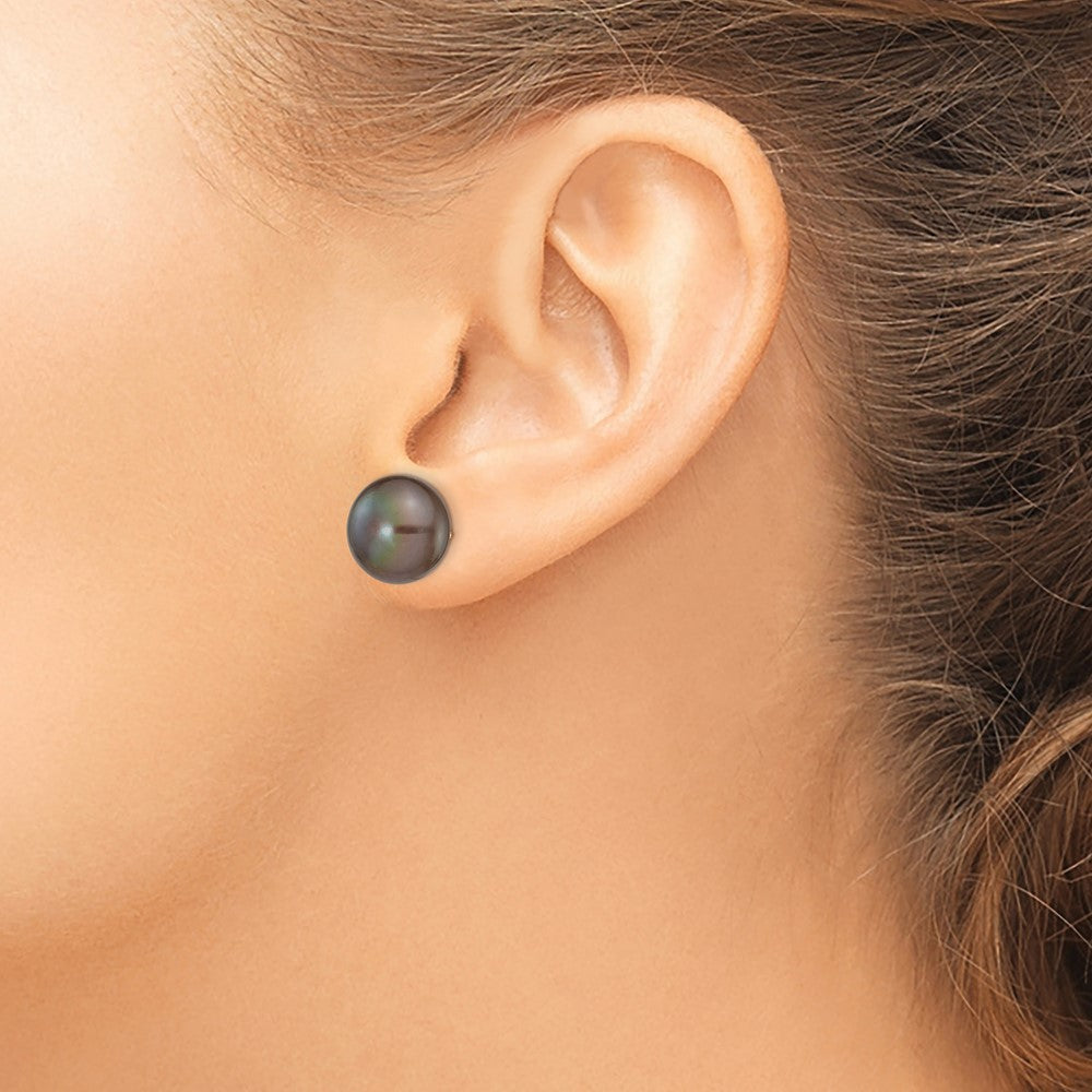 14k 11-12mm Black Button FW Cultured Pearl Stud Post Earrings