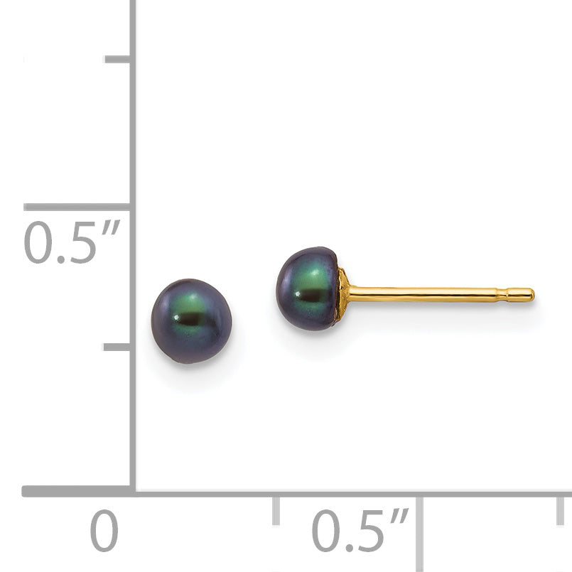14k 3-4mm Black Button Freshwater Cultured Pearl Stud Post Earrings
