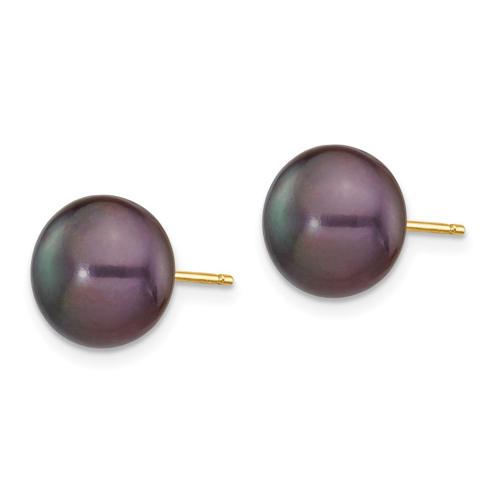 14k 9-10mm Black Button FW Cultured Pearl Stud Post Earrings