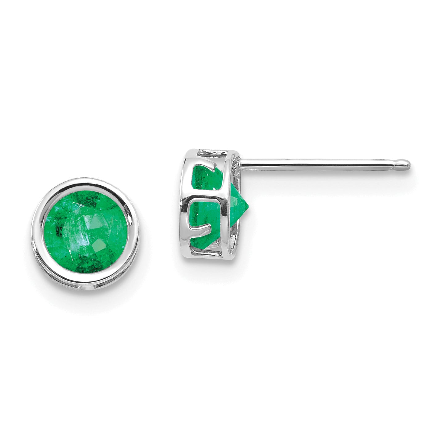 14K White Gold 5Mm Bezel Emerald Stud Earrings