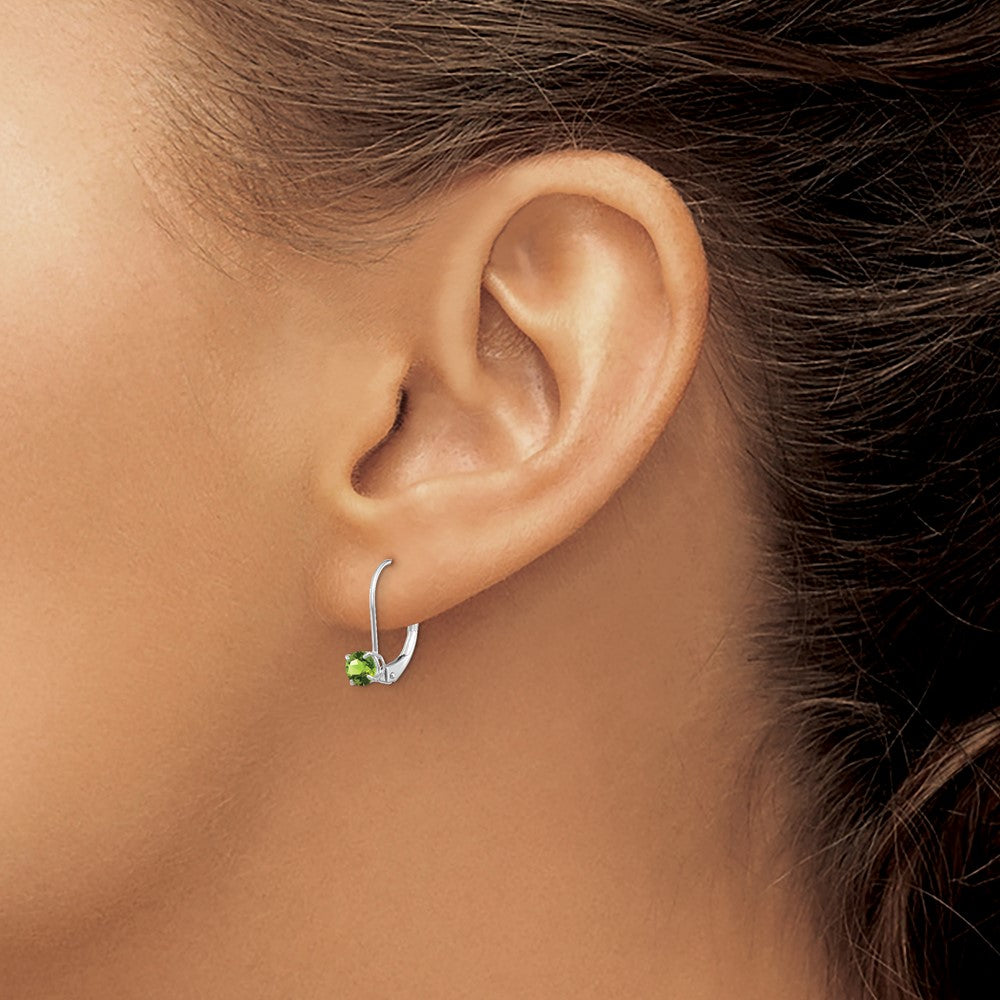 14k White Gold 4mm Round August/Peridot Leverback Earrings