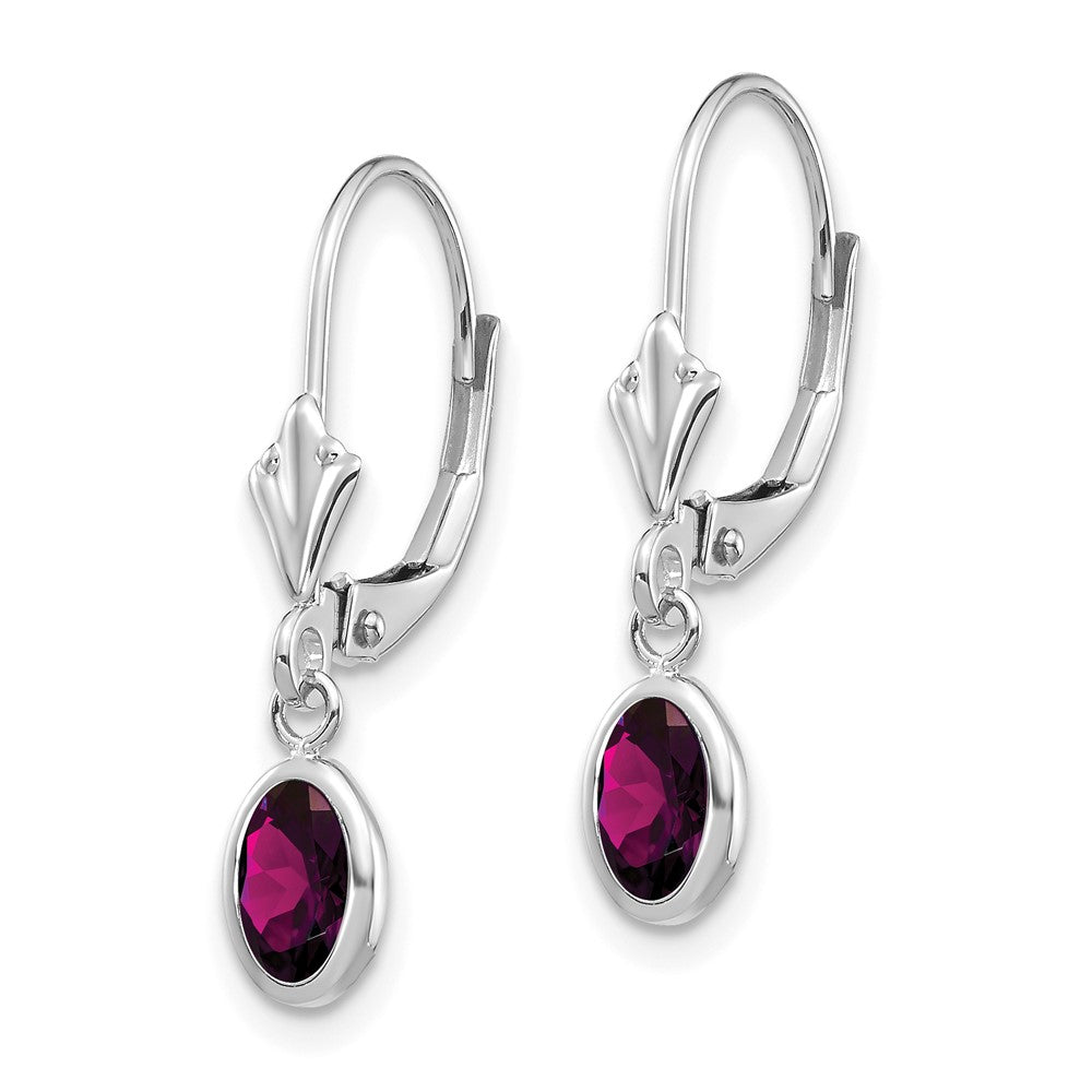 14k White Gold 6x4 Oval Bezel June/Rhodolite Leverback Earrings