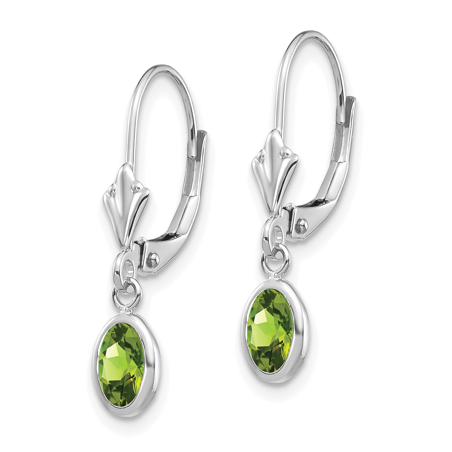 14K White Gold 6X4 Oval Bezel August/Peridot Leverback Earrings
