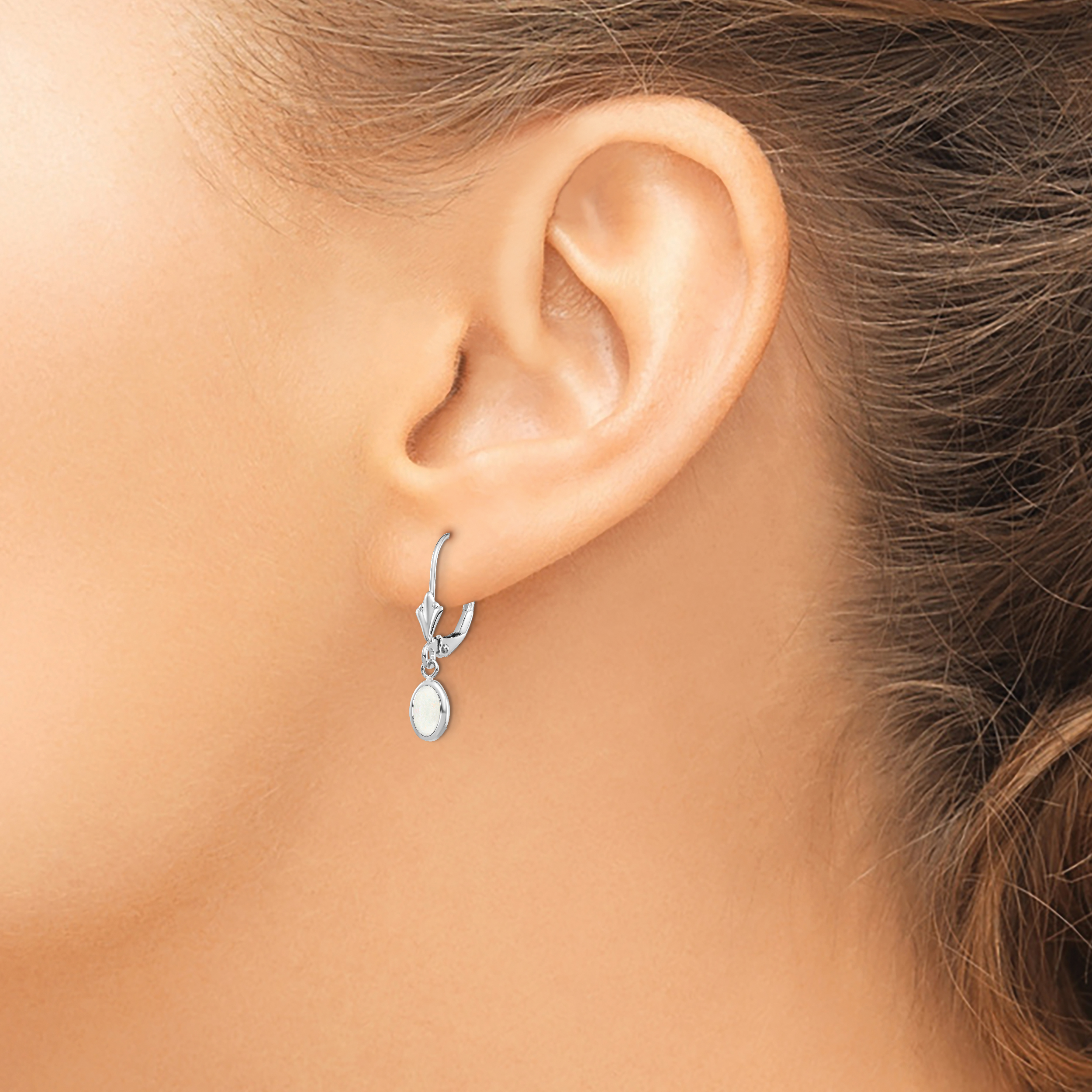 14K White Gold 6X4 Oval Bezel October/Opal Leverback Earrings