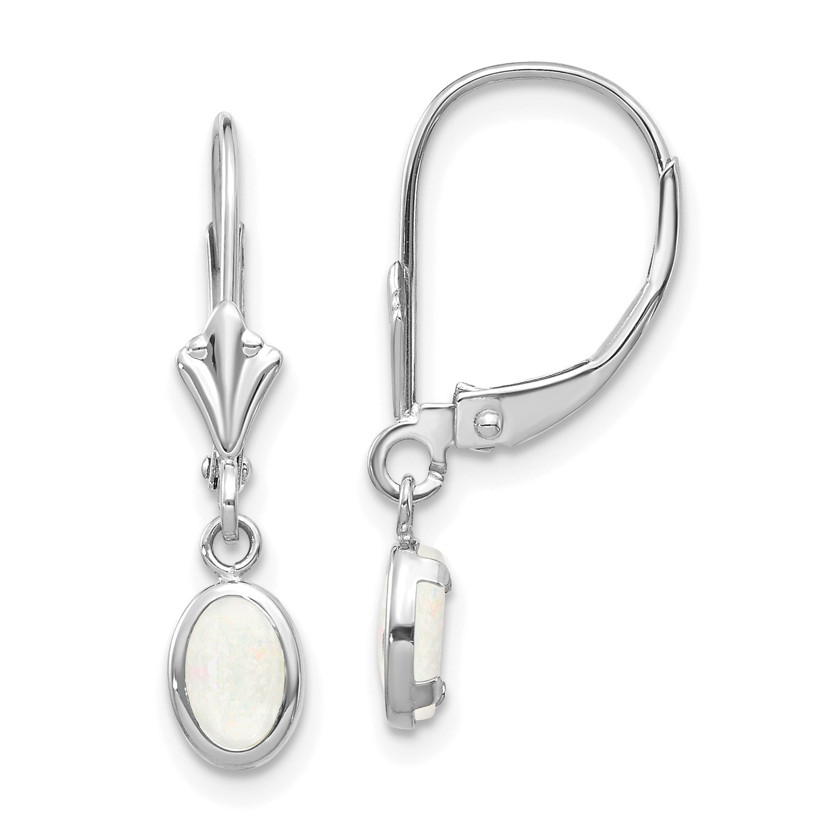 14K White Gold 6X4 Oval Bezel October/Opal Leverback Earrings