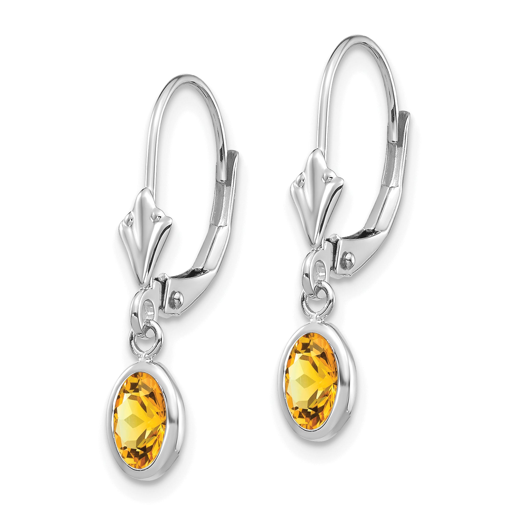 14K White Gold 6X4 Oval Bezel November/Citrine Leverback Earrings