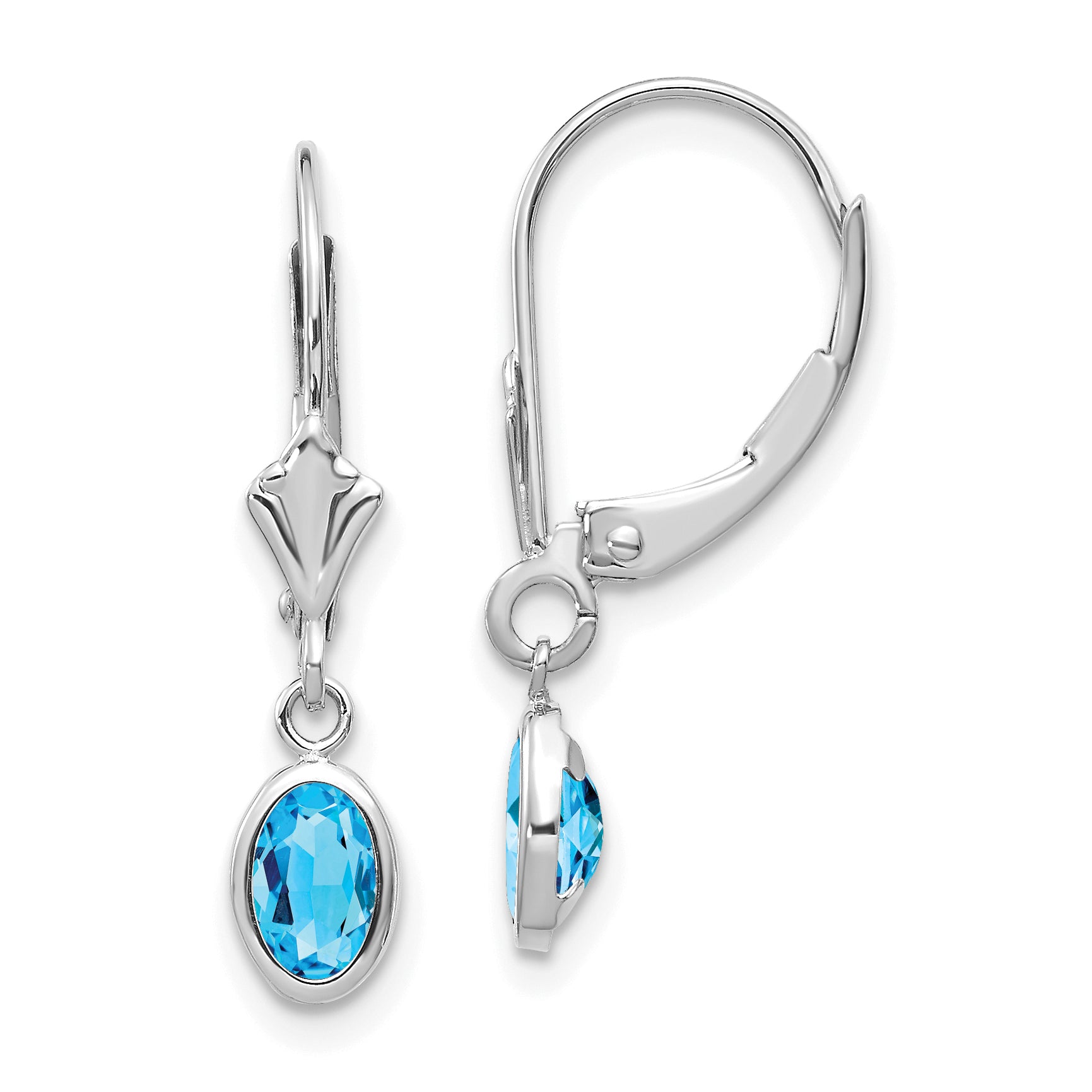 14K White Gold 6X4 Oval Bezel December/Blue Topaz Leverback Earrings