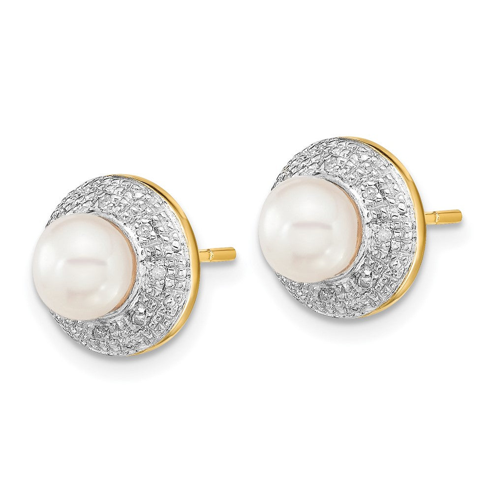 14k and Rhodium 5-6mm Button FWC Pearl .05ct Diamond Post Earrings