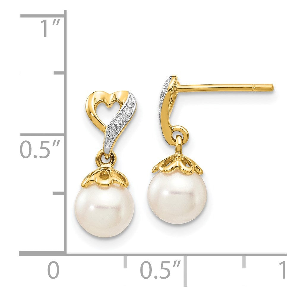14k 6-7mm Round FWC Pearl .01ct Heart Diamond Dangle Earrings
