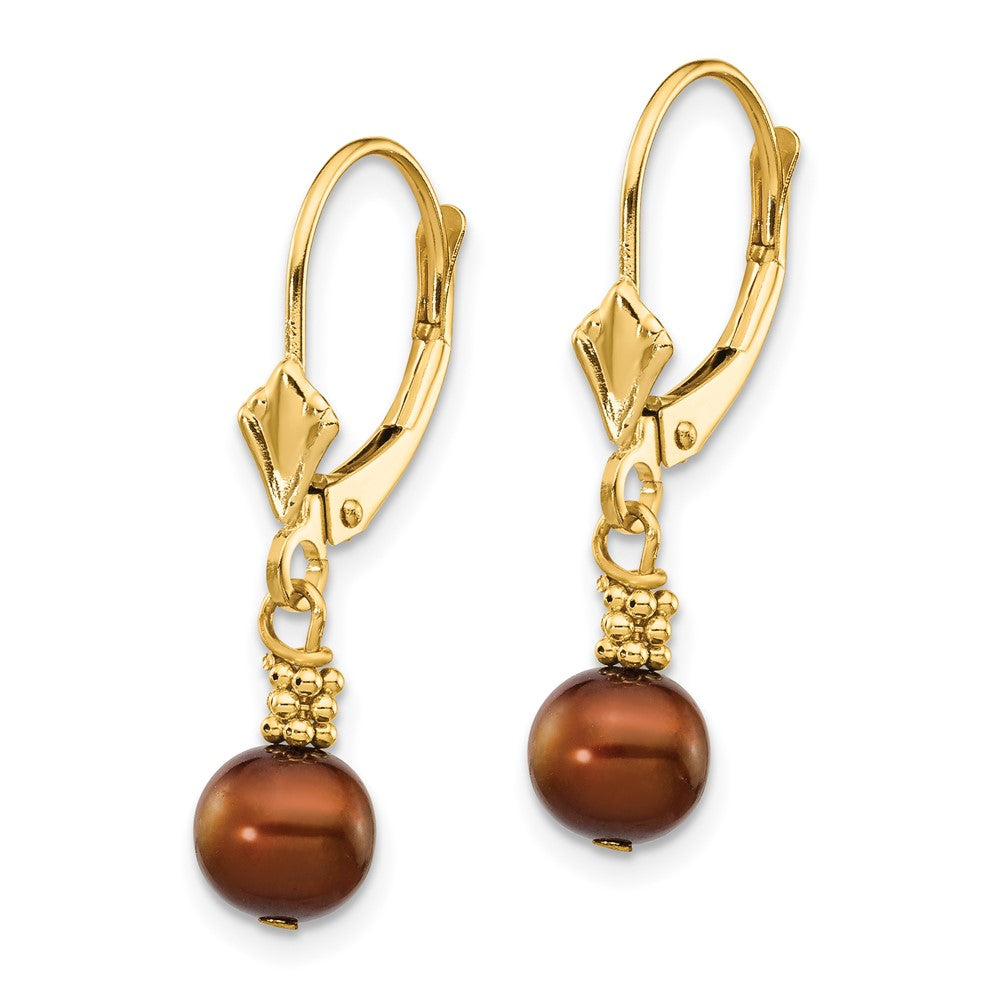 14K 5-6mm Brown Semi-round FW Cultured Pearl Leverback Earrings