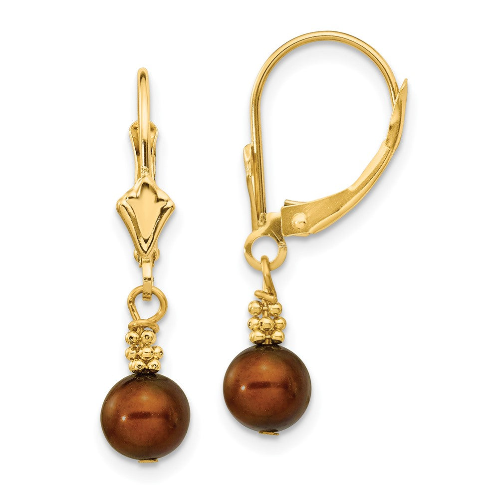 14K 5-6mm Brown Semi-round FW Cultured Pearl Leverback Earrings