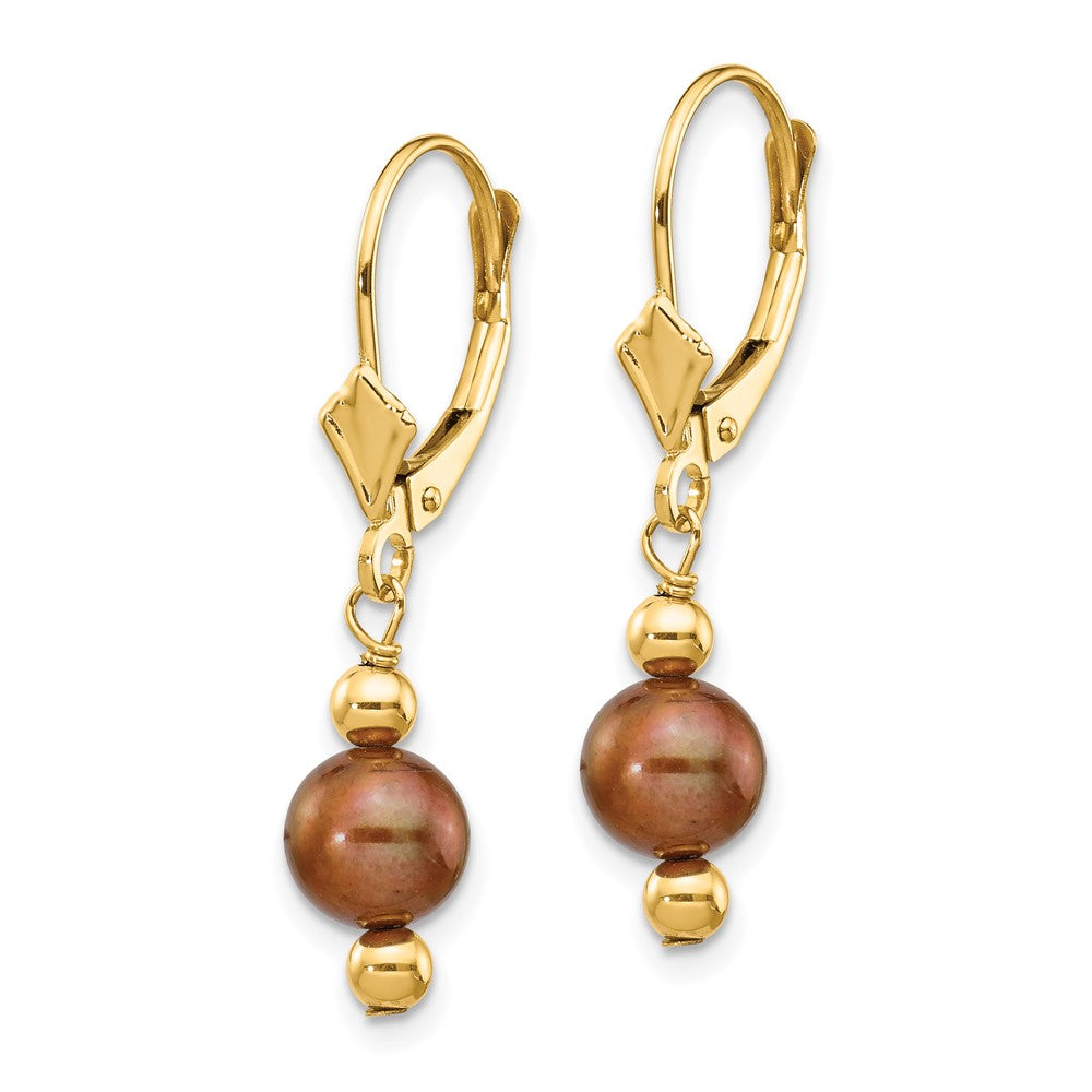 14K 5-6mm Semi-round Brown FW Cultured Pearl Leverback Earrings