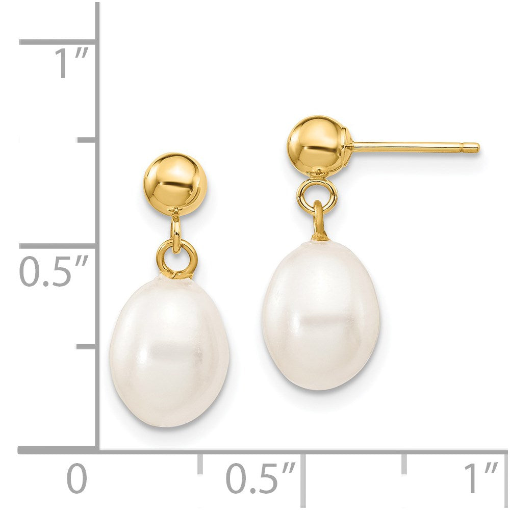 14k 7-8mm White Rice Freshwater Cultured Pearl Dangle Post Earrings