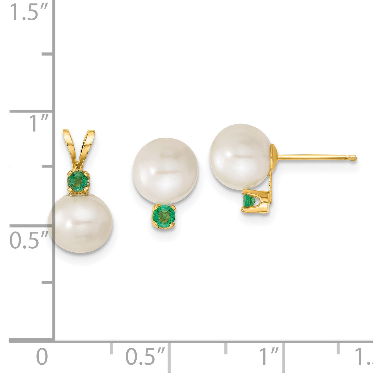 14k 7-8mm White Round Freshwater Cultured Pearl and .21EM Emerald Post Earrings and Pendant Set