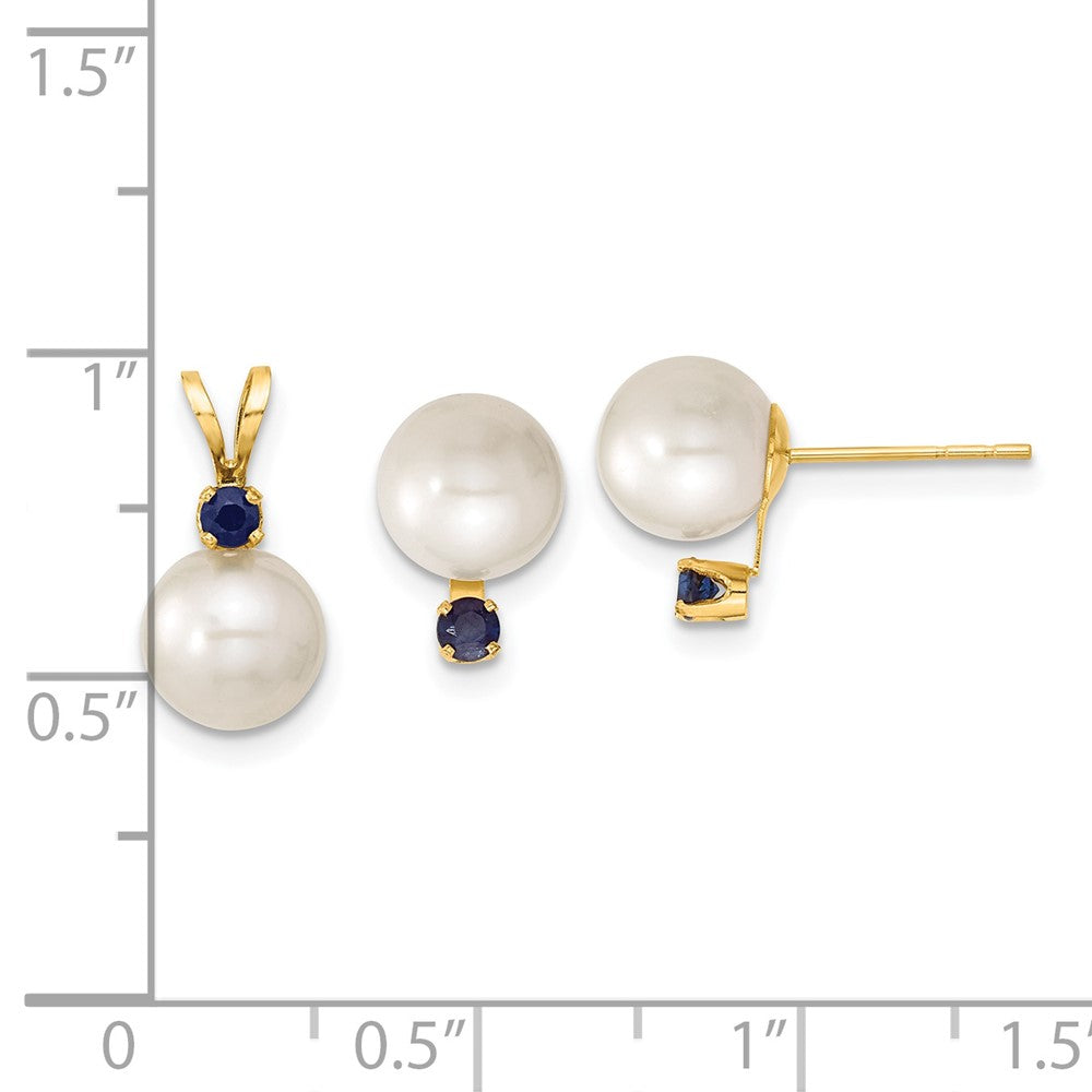 14k 7-8mm White FW Cultured Pearl & Sapphire Stud Ear & Pendant