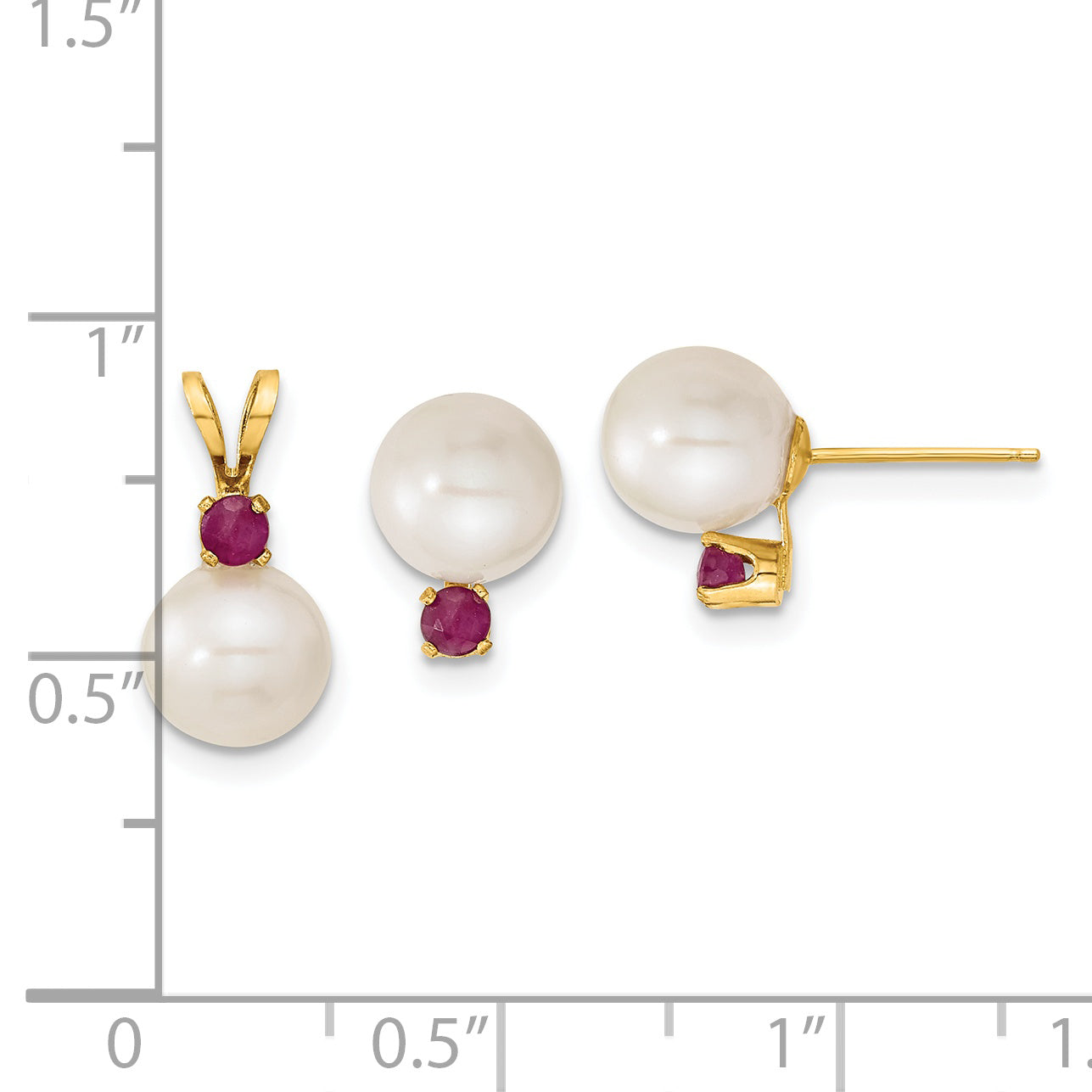 14k 7-8mm White Round Freshwater Cultured Pearl and .30RU Ruby Post Earrings and Pendant Set